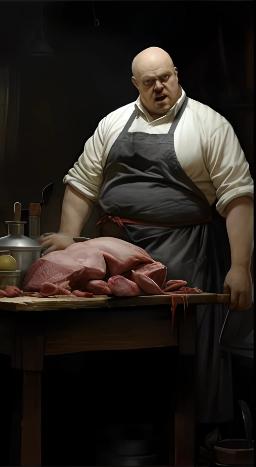 Man in apron preparing meat on a table in a dark room, Dragan Bibin, dans une boucherie, hyper realism renaissance art, Style de Dragan Bibin, Vdragan Bibin, par Santiago Martínez Delgado, par Jens Juel, boucher, Fat Butcher Man Posing Scary Way, by László Balogh