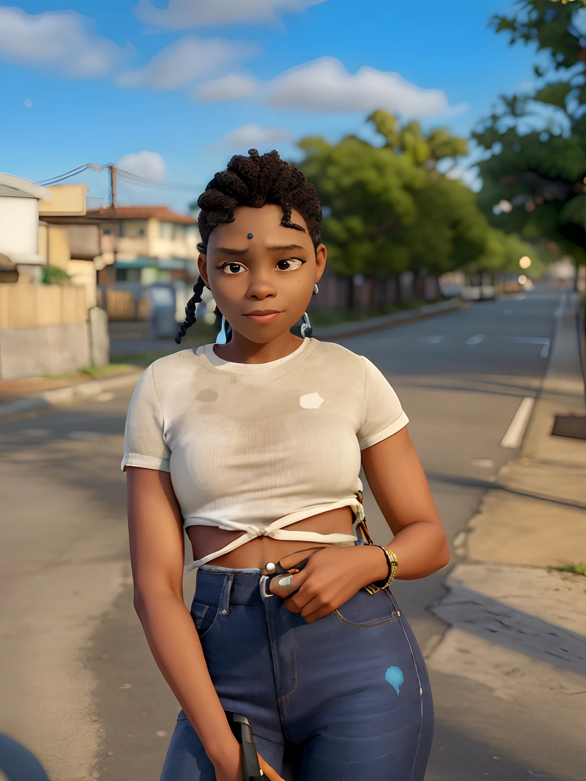 There's a woman on the street with a cell phone, taken in the early 2020s, ela tem cerca de 1 6 anos de idade, adolescente negra,muito Linda, criar no estilo filme da Disney pixar, imagem ultra realista . Estilo Pixar