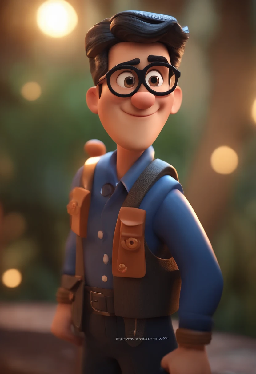 Cartoon character of a man wearing black glasses and a blue shirt, um personagem animado, Caractere estilizado, animation style rendering, 3D estilizado, Arnold Maya render, 3 d render stylized, toon render keyshot, Personagem 3D, Personagem 3D, 3d rendering stylized, 3 d character render, personagem de desenho animado, Personagem de close up, Pose de personagem, (Estilo Pixar) (master part:1.2) (Bokeh) (best quality) (pele detalhada) (textura detalhada) (8k) (argila) (Cinematic lighting) (foco nítido，Senta e vaza a parte superior do corpo