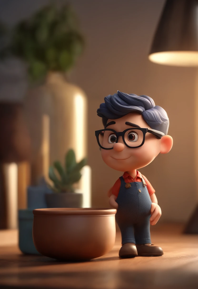 Cartoon character of a man wearing black glasses and a blue shirt, um personagem animado, Caractere estilizado, animation style rendering, 3D estilizado, Arnold Maya render, 3 d render stylized, toon render keyshot, Personagem 3D, Personagem 3D, 3d rendering stylized, 3 d character render, personagem de desenho animado, Personagem de close up, Pose de personagem, (Estilo Pixar) (master part:1.2) (Bokeh) (best quality) (pele detalhada) (textura detalhada) (8k) (argila) (Cinematic lighting) (foco nítido,Senta e vaza a parte superior do corpo