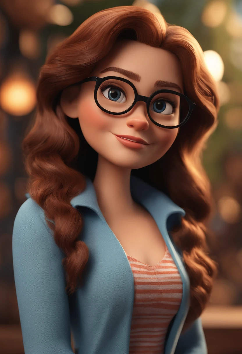 Cartoon character of a woman with black glasses and a blue shirt, animation character, Caractere estilizado, animation style rendering, 3D estilizado, Arnold Maya render, 3 d render stylized, toon render keyshot, Personagem 3D, Personagem 3D, 3d rendering stylized, 3 d character render, personagem de desenho animado, Personagem de close up, Pose de personagem, (Estilo Pixar) (master part:1.2) (Bokeh) (best quality) (pele detalhada) (textura detalhada) (8k) (argila) (Cinematic lighting) (foco nítido