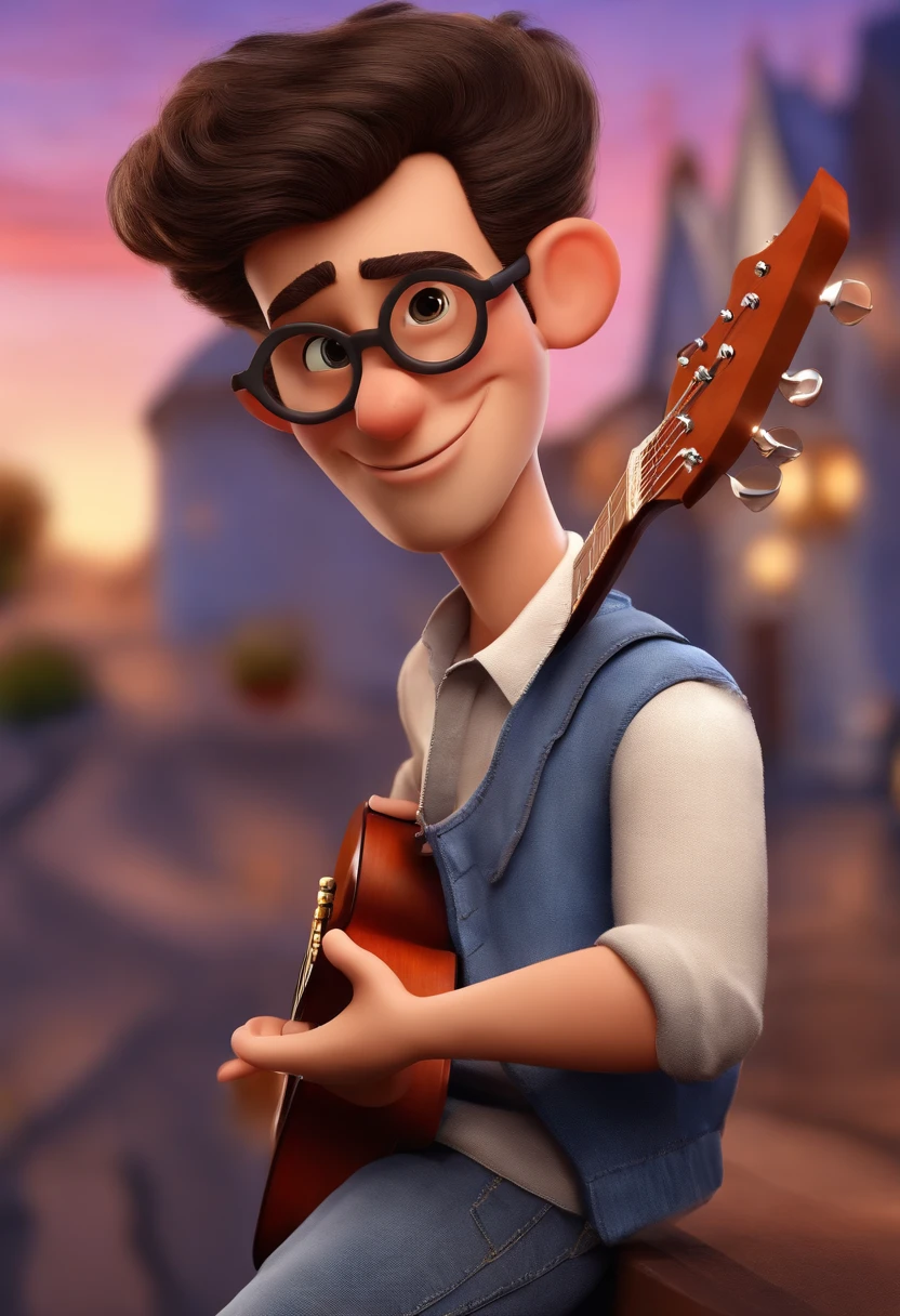 crie um banner no estilo Pixar. Um homem , branco com cabelos curtos com barba, Castanhos escuros, Tuft and black square glasses, homem na casa dos 38, usando uma camiseta, Wearing jeans and holding a classical guitar.