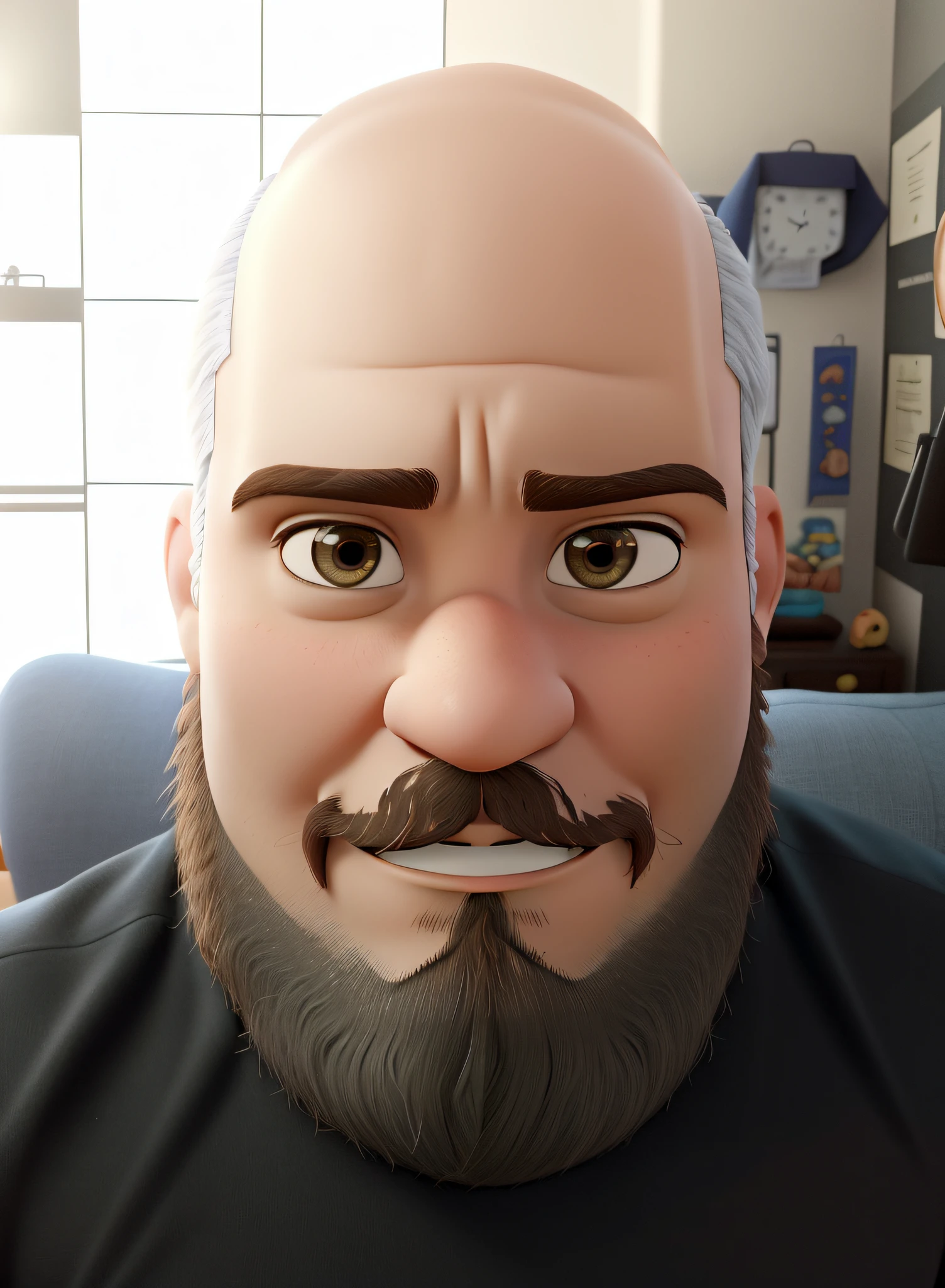Estilo Disney Pixar. alta resolução, alta qualidade. Homem com barba e sem cabelo, totalmente careca