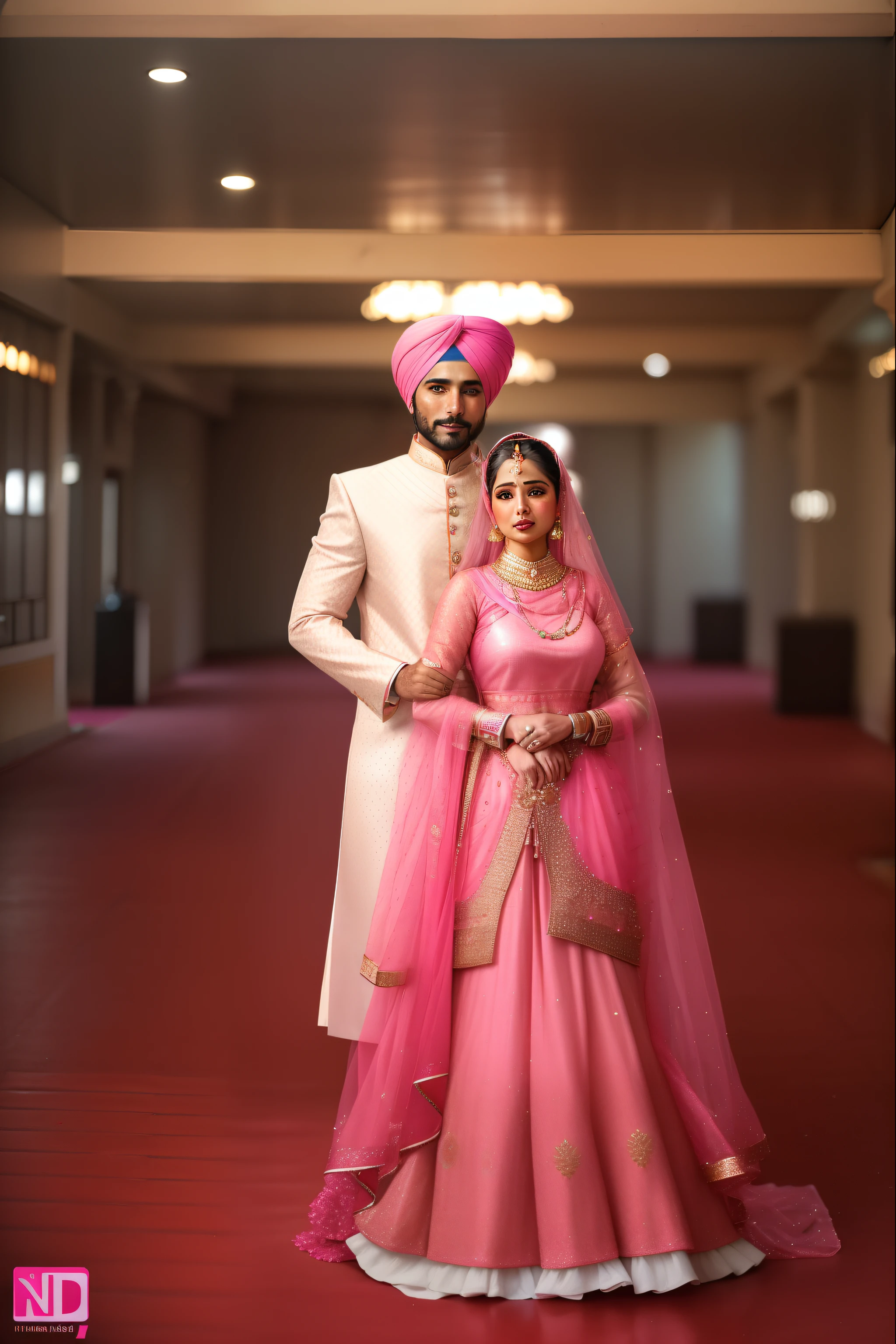 A Punjabi couple, traditional dress, vibrant colors, joyful expressions, ornate jewelry, intricate embroidery, rich dupatta, gold accents, light-hearted atmosphere, beautiful surroundings, happy celebration, cultural pride, romantic poses, smiles, traditional music, energetic dance, dynamic movements, captivating stage setup, decorative elements, festive ambiance, traditional Punjabi cuisine, lively atmosphere, grand wedding, turban, bridal lehenga, groom's sherwani, embellished attire, sparkling accessories, intricate henna designs, intricate mehndi patterns, joyful family and friends, energetic beats, live music, Bhangra performances, dhol beats, graceful twirls, expressive eyes, gentle laughter, love-filled moments. (best quality, highres), vibrant colors, lively lighting, captivating details.