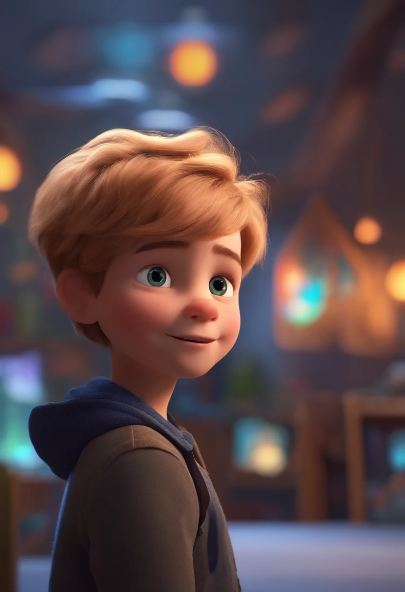 Image of a boy for a story in a YouTube video in Pixar format, He's the little allabester, He's the class leader, He's outgoing, Playful and gets up for a lot of things, cabelo curto