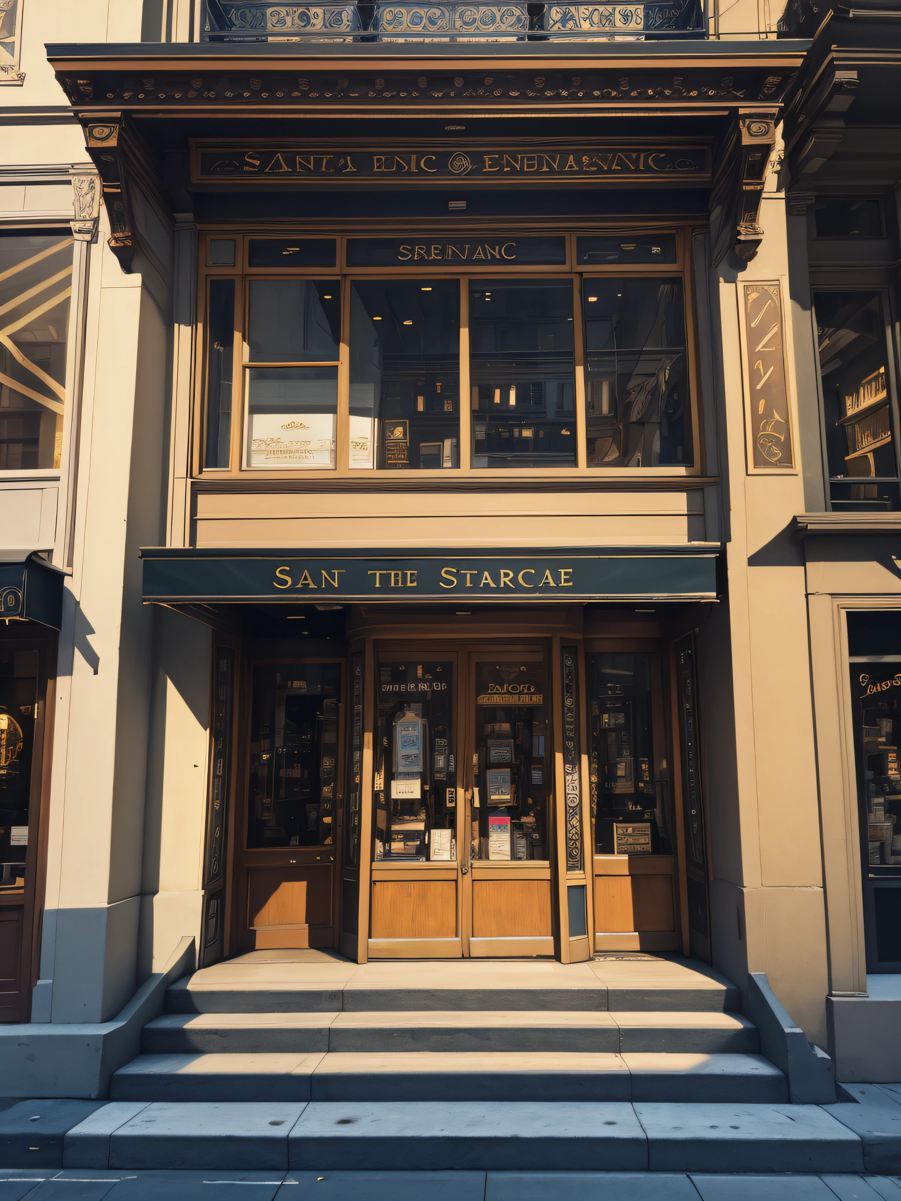 high quality, highly detailed, fantasy, At the forefront of this enchanting scene stands a storefront on the streets of San Francisco best quality 8k art painting, STOREFRONT WITH steps leading to GRAND entranc