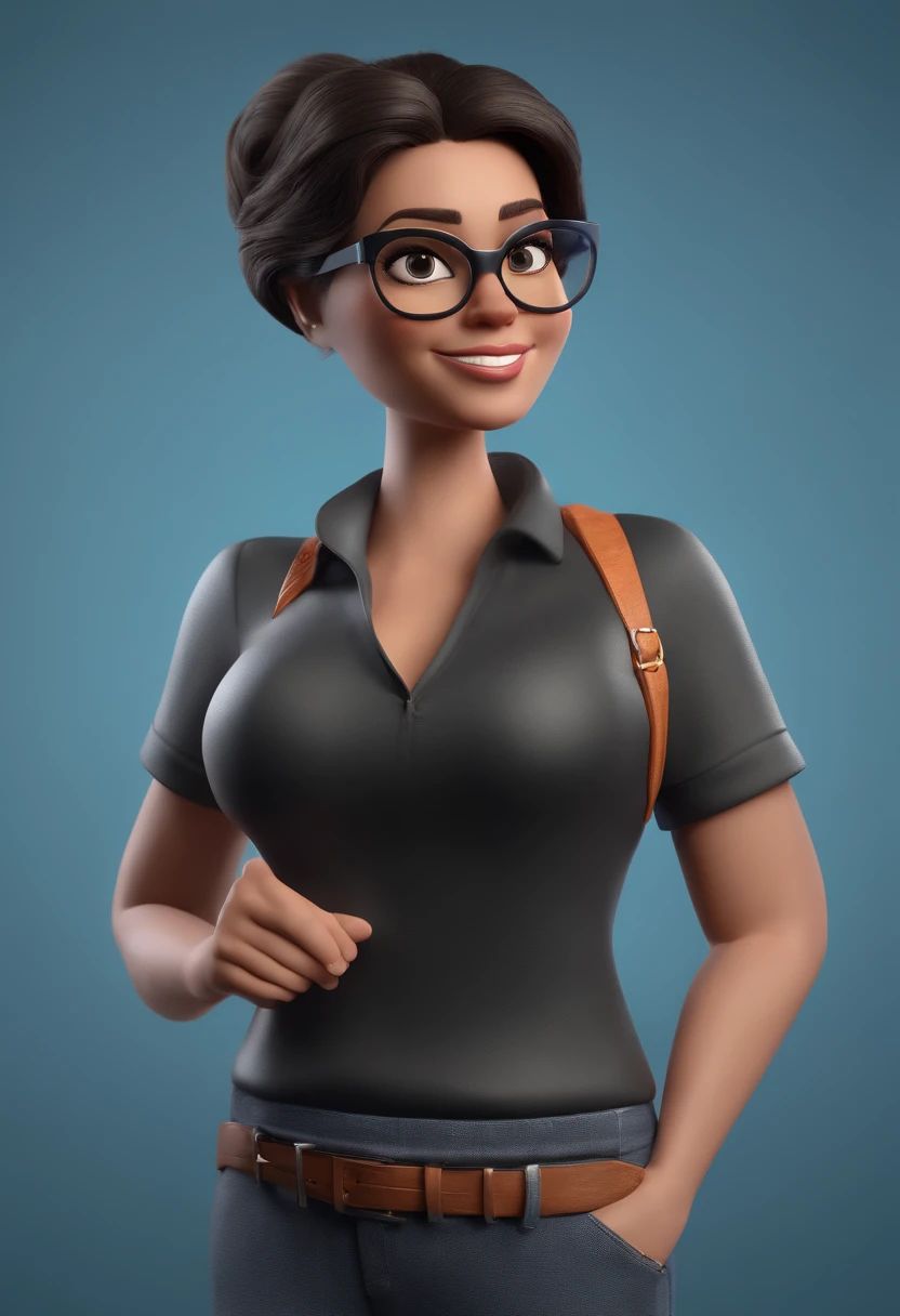 Cartoon character of a woman with black glasses and a blue shirt, animation character, Caractere estilizado, animation style rendering, 3D estilizado, Arnold Maya render, 3 d render stylized, toon render keyshot, Personagem 3D, Personagem 3D, 3d rendering stylized, 3 d character render, personagem de desenho animado, Personagem de close up, Pose de personagem,  (Estilo Pixar) (master part:1.2) (Bokeh) (best quality) (pele detalhada) (textura detalhada) (8k) (argila) (Cinematic lighting) (foco nítido