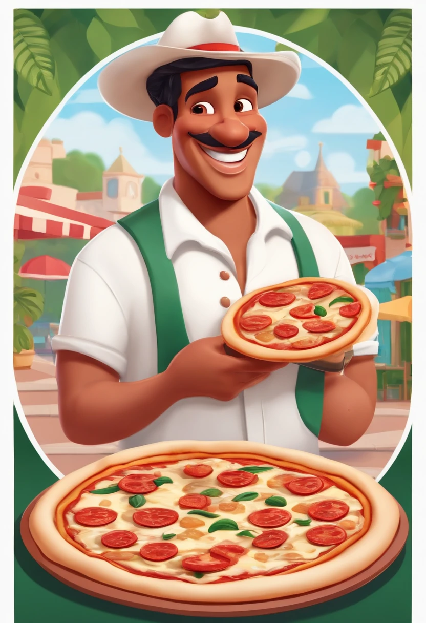personagem inspirado na disney pixar de um pizzaiolo de pizza, He wears a white hat and a white button-down shirt, is smiling, Holding a pizza in his hand and in the background is a restaurant