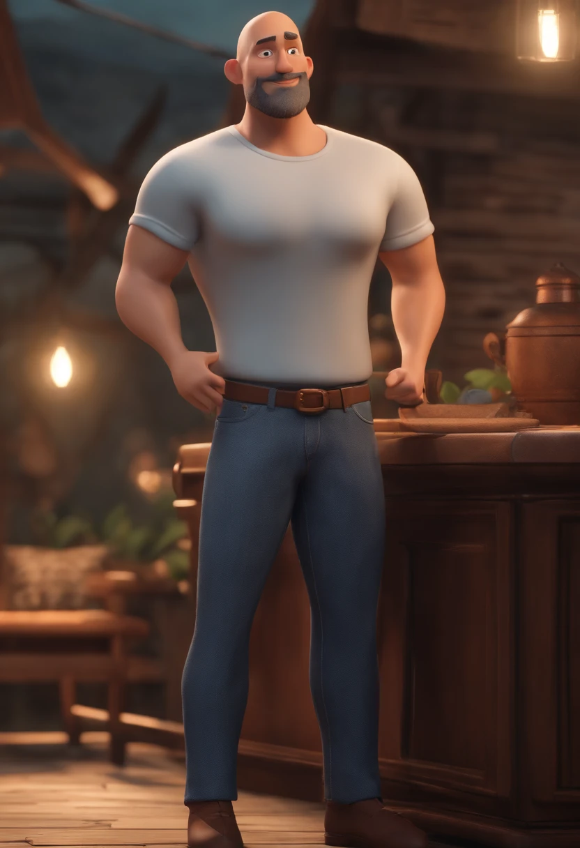 Cartoon character of a 36-year-old man descended from Japanese family, Shaved head with sparse beard, usando camiseta cinza, Denim Jeans Pants, animation character, Caractere estilizado, animation style rendering, 3D estilizado, Arnold Maya render, 3 d render stylized, toon render keyshot, Personagem 3D, Personagem 3D, 3d rendering stylized, 3 d character render, personagem de desenho animado, Personagem de close up, Pose de personagem, (Estilo Pixar) (master part:1.2) (Bokeh) (melhor qualidade) (pele detalhada) (textura detalhada) (8k) (argila) (Cinematic lighting) (foco nítido), Ao lado dela, sua linda filha de 10 anos com longa, cabelo preto ondulado vestindo uma camiseta branca e shorts laranja