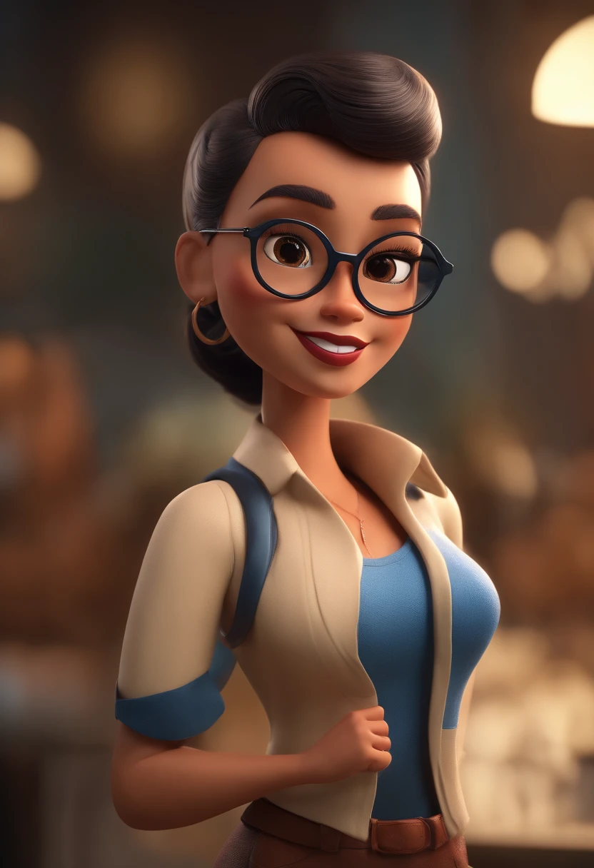 Cartoon character of a woman with black glasses,cabelos pretos e lisos e longos e uma camisa azul, animation character, Caractere estilizado, animation style rendering, 3D estilizado, Arnold Maya render, 3 d render stylized, toon render keyshot, Personagem 3D, Personagem 3D, 3d rendering stylized, 3 d character render, personagem de desenho animado, Personagem de close up, Pose de personagem, (Estilo Pixar) (master part:1.2) (Bokeh) (melhor qualidade) (pele detalhada) (textura detalhada) (8k) (argila) (Cinematic lighting) (foco nítido