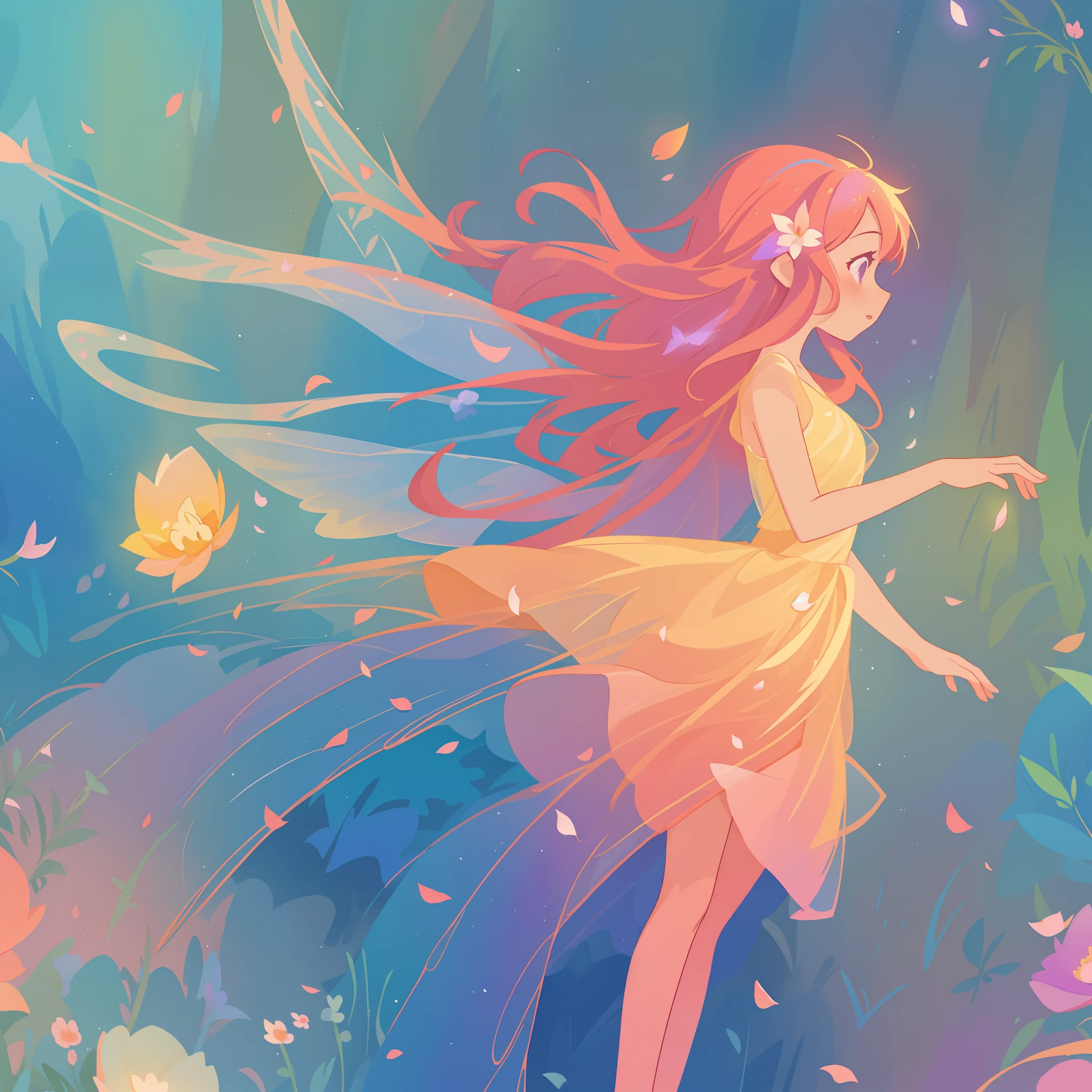 beautiful girl in tiered gradient ballgown dress, gradient colorful dress, ((layered flower petal skirt)), fairy dress, fairy queen, magical forest background, (glowing fairy wings), glowing flowing ballgown, long wavy hair, sparkling fairy wings, watercolor illustration, flowers and colorful plants, inspired by Glen Keane, inspired by Lois van Baarle, disney art style, by Lois van Baarle, glowing aura around her, by Glen Keane, jen bartel, glowing lights! digital painting, flowing glowing hair, glowing flowing hair, beautiful digital illustration, fantasia otherworldly landscape plants flowers, beautiful, masterpiece, best quality, anime disney style