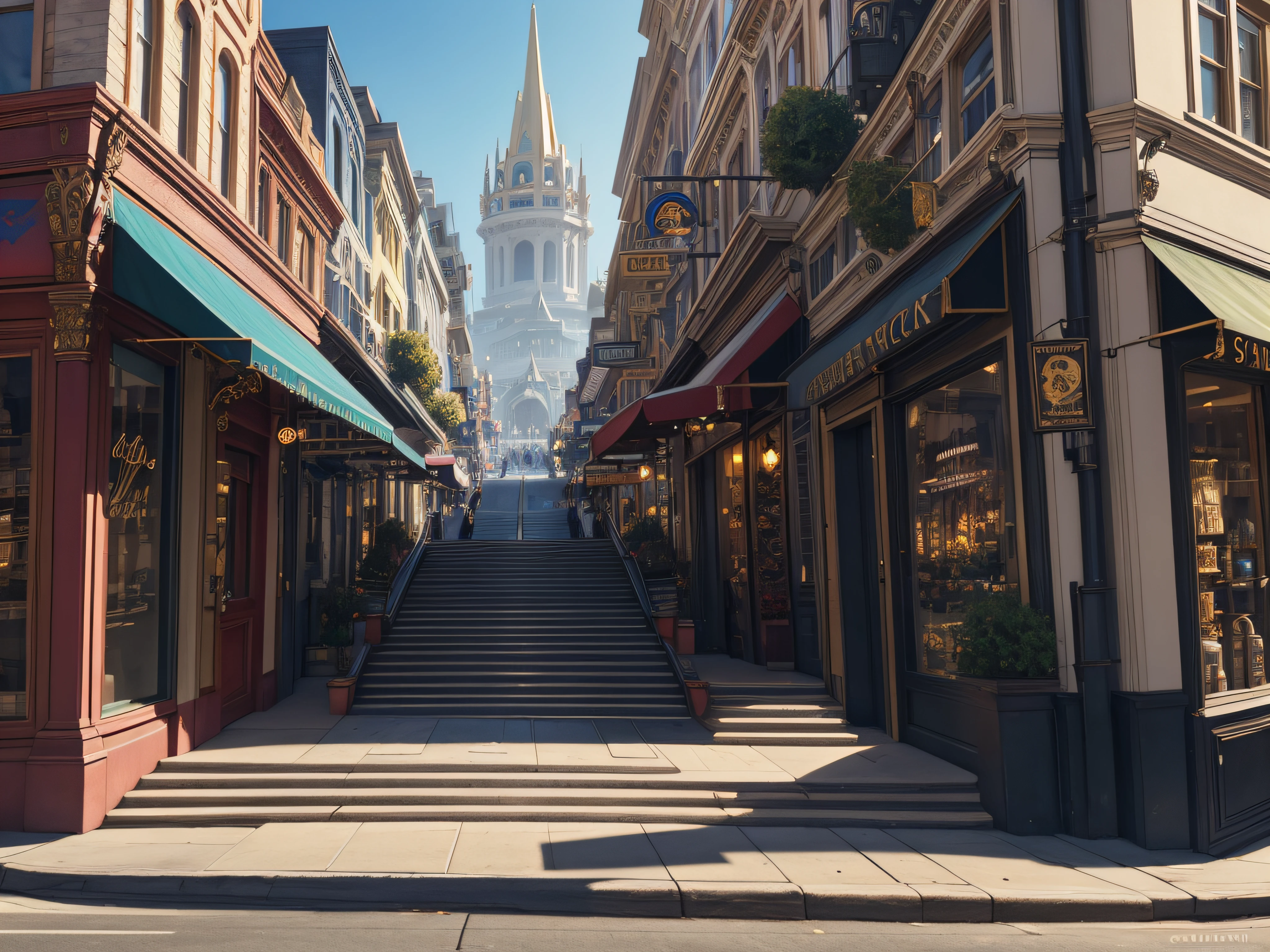 high quality, highly detailed, fantasy, At the forefront of this enchanting scene stands a storefront on the streets of San Francisco best quality 8k art painting, STOREFRONT WITH steps leading to GRAND entranc