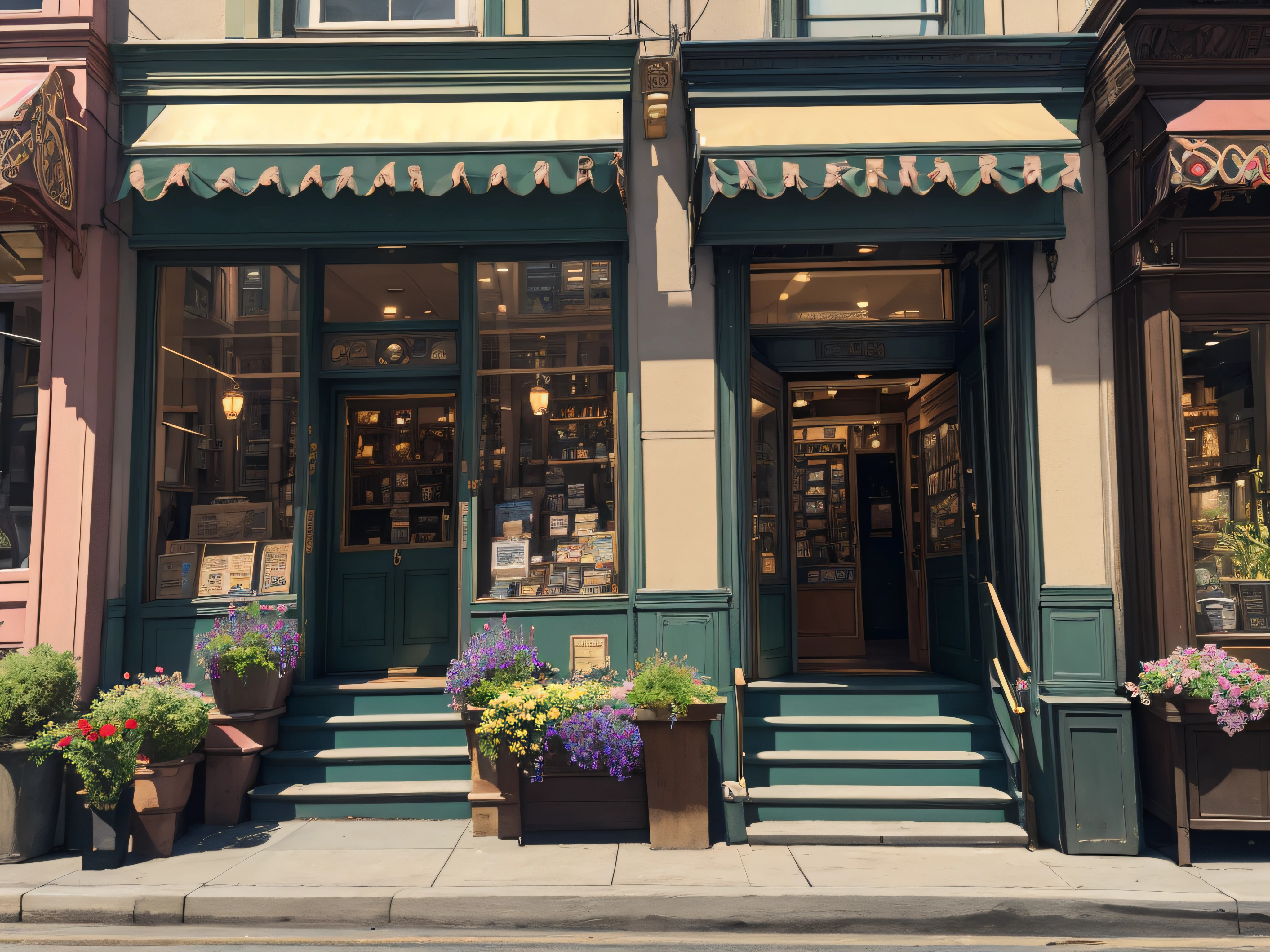 high quality, highly detailed, fantasy, At the forefront of this enchanting scene stands a storefront on the streets of San Francisco best quality 8k art painting, STOREFRONT WITH steps leading to GRAND entranc