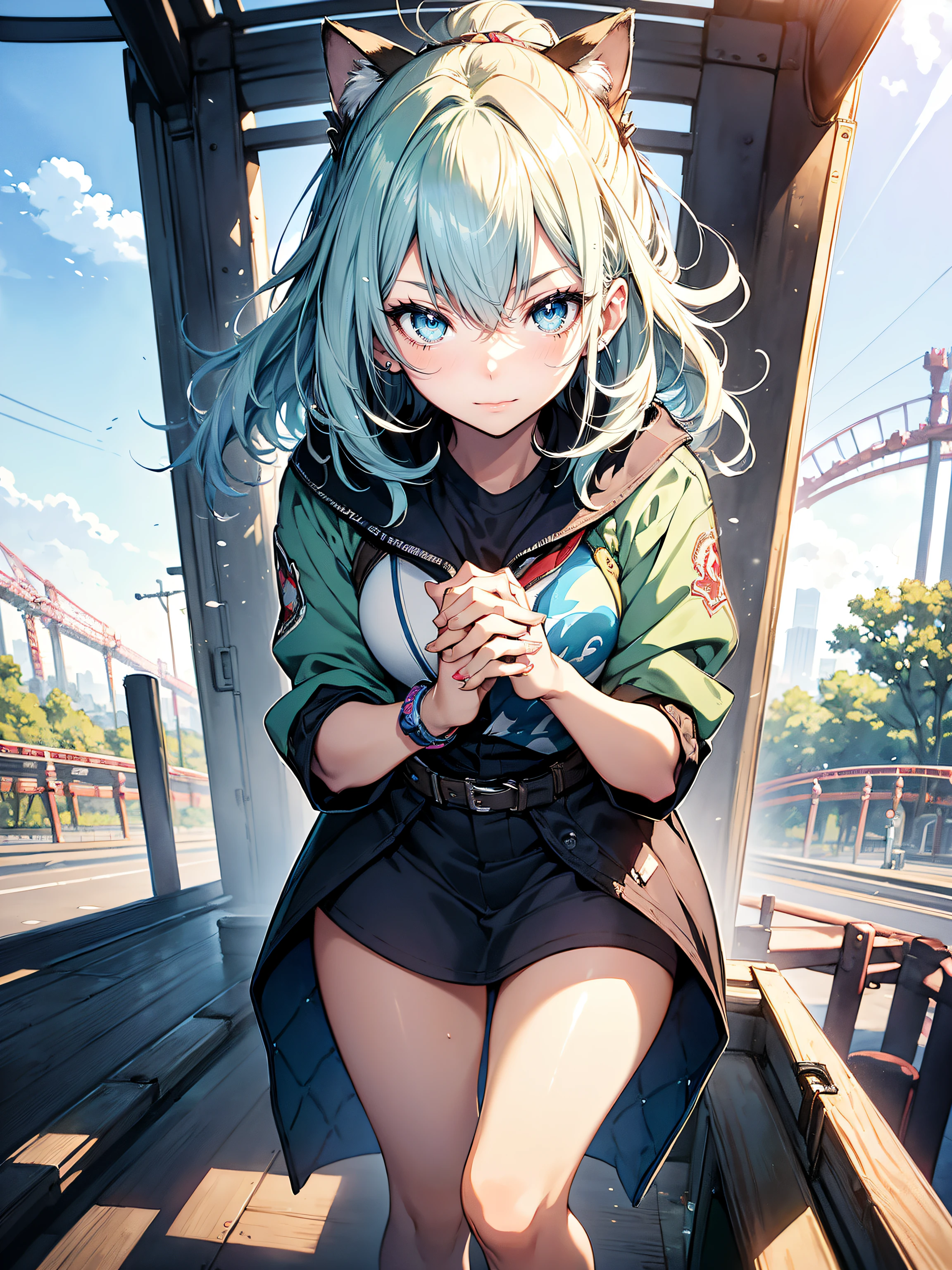((student clothes:1.3)),hiquality, hight resolution, ultra-detailliert, high-level image quality, hightquality, anime illustrated, (finely detailed beautiful eye: 1.2), Detailed eye depiction, (finely detailed eyes and detailed face:1.3), (extremely details CG, Best Shadow:1.1), Depth of field and blur, (Perfect Detail: 1.1) , digitial illustration, Enamel Art, Center, Watercolor painting, art stations, concept-art, character sheets, Lightning Wave, beautiful anime watercolors, Vibrant colors, Sharp Focus, art by:hyung tae kim, Fine detail, intricate detailes, Curvaceous body, Detailed eye depiction, Vibrant colors,((Nervous look before riding a roller coaster, Holding hands, trembling legs))
