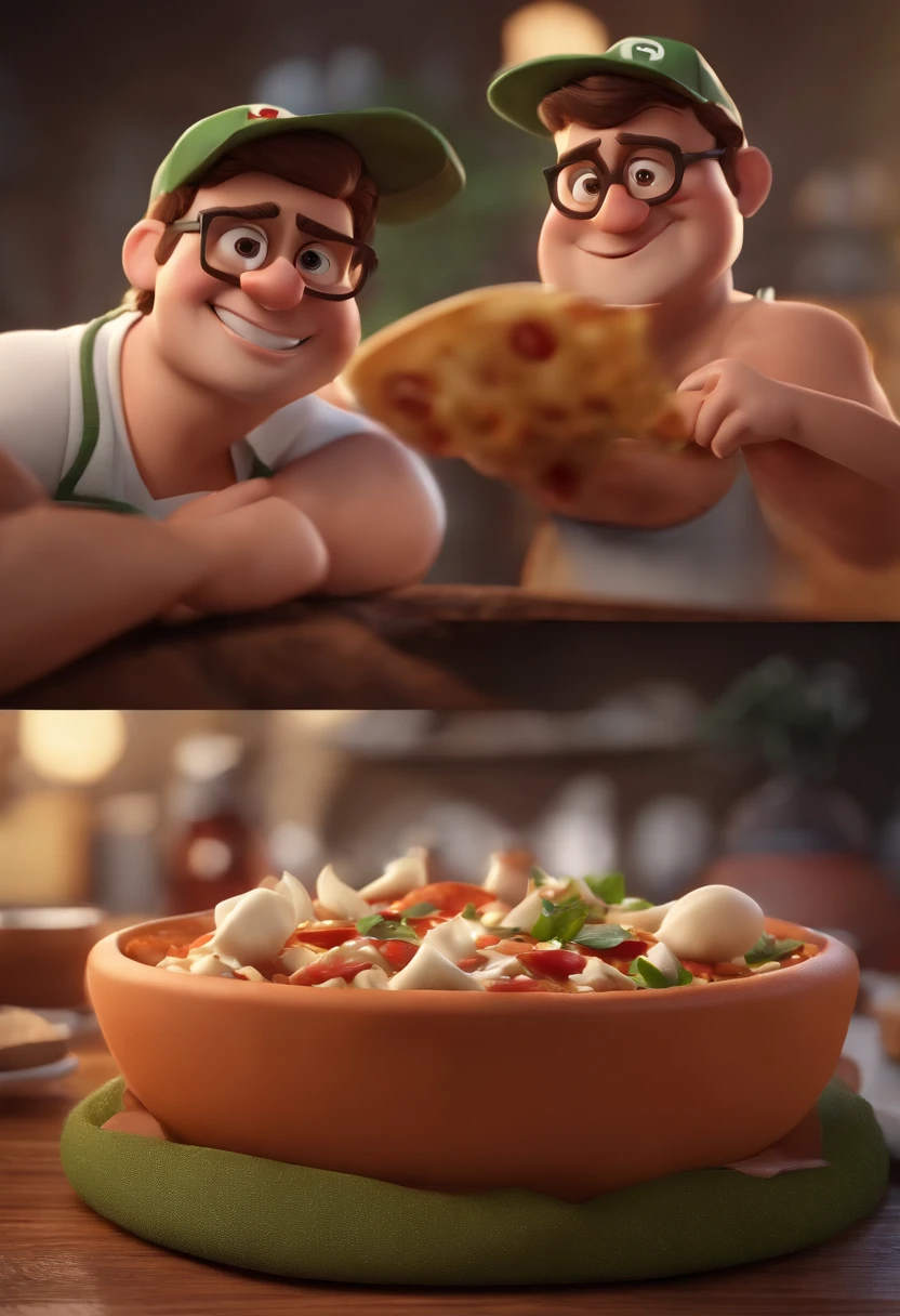personagem dos desenhos animados de um casal feliz comendo pizza e tomando chopp, animation character, Caractere estilizado, animation style rendering, 3D estilizado, Arnold Maya render, 3 d render stylized, toon render keyshot, Personagem 3D, Personagem 3D, 3d rendering stylized, 3 d character render, personagem de desenho animado, Personagem de close up, Pose de personagem, (Estilo Pixar) (master part:1.2) (Bokeh) (best quality) (pele detalhada) (textura detalhada) (8k) (argila) (Cinematic lighting) (foco nítido