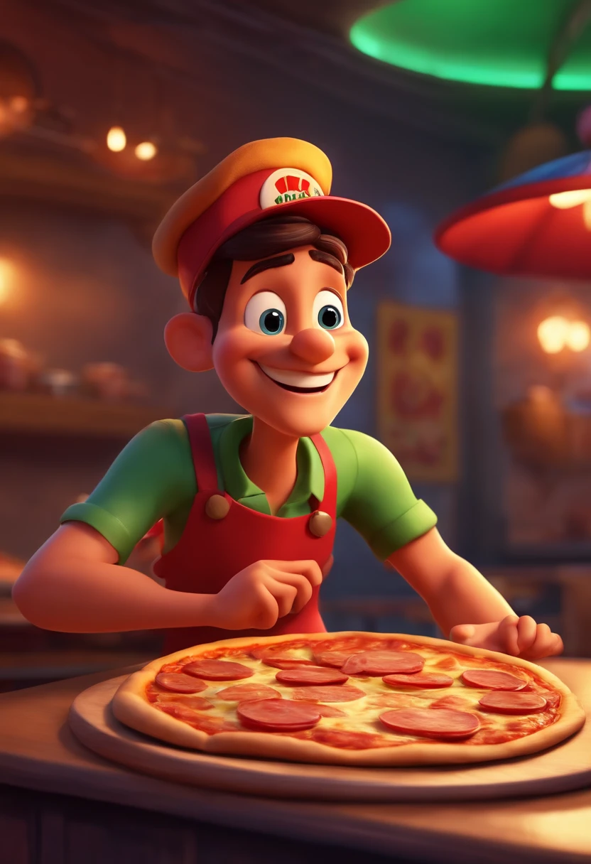 personagem inspirado na disney pixar de um pizzaiolo de pizza, He wears a cook's hat and a cook's shirt, is smiling, Holding a pizza in his hand and in the background is a restaurant