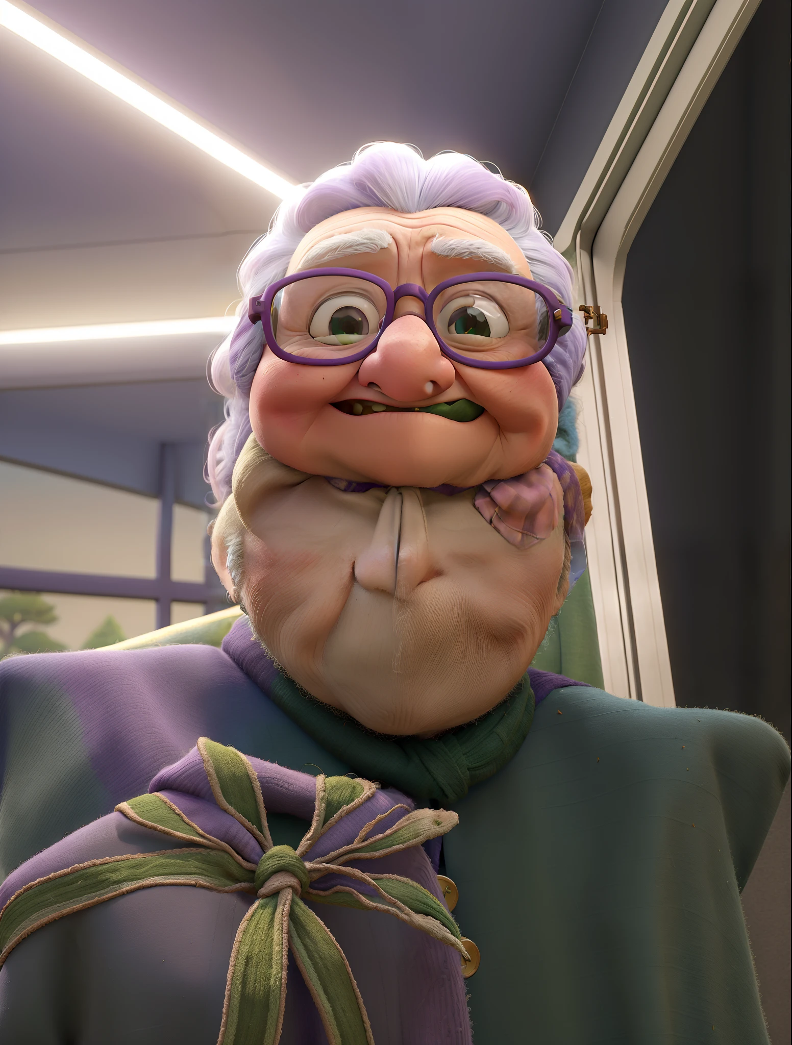 masterpiece, best quality, an old woman with glasses and a scarf on, wearing a purple coat and green scarf, standing at the park