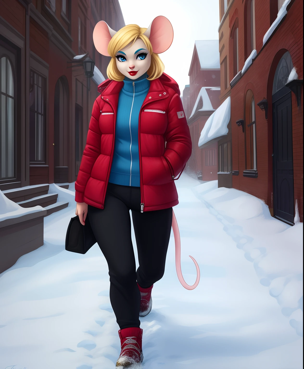 Toronto the female blonde mouse, red lipstick, winter jacket, blue eyes, blue eyeshadow, walking down