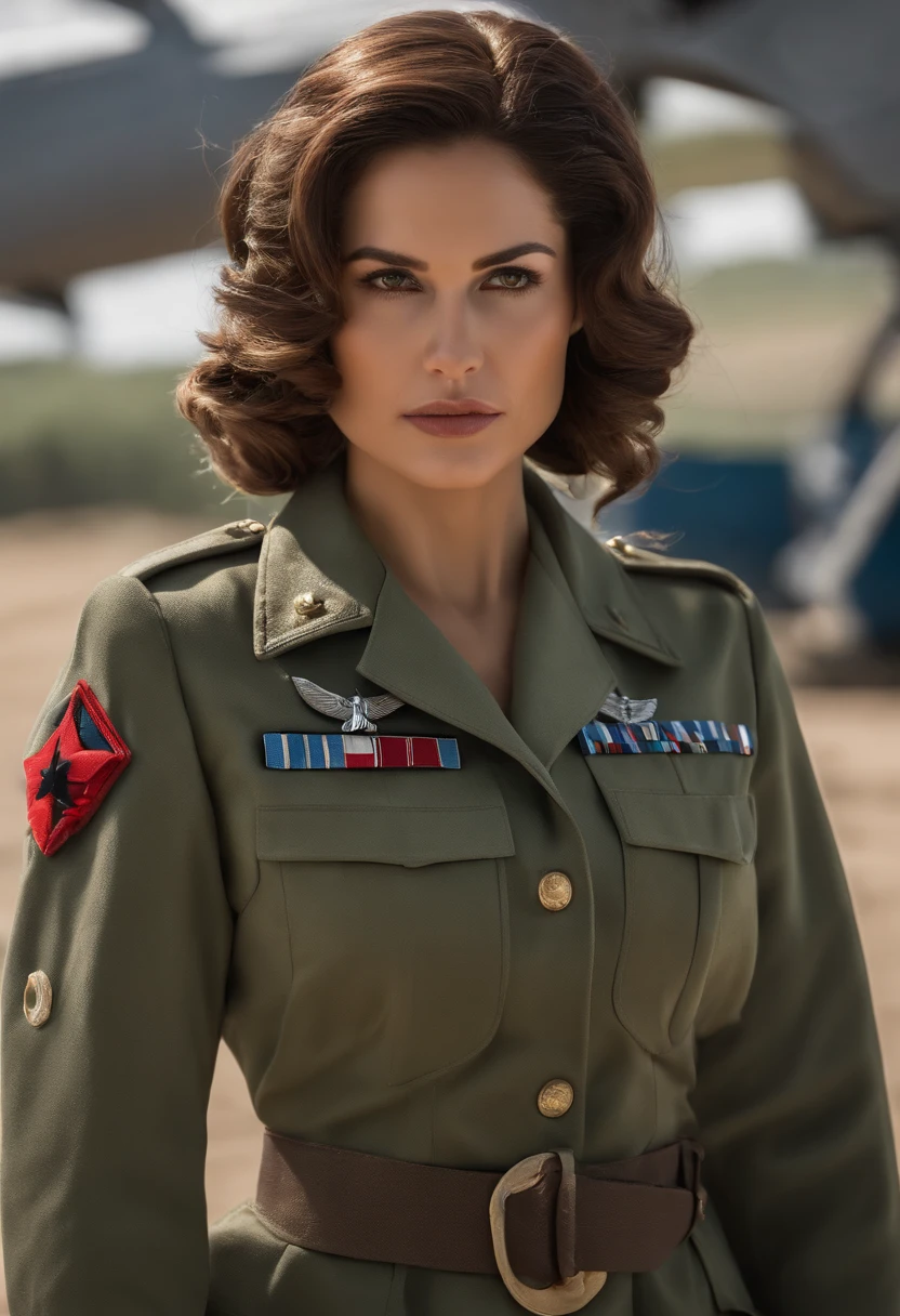 Imagem da capa do filme,como uma pessoa real,Vestido Educado,Imagem de capa do War War Fighter Action),(Movie Reference Foundation : 1.8 ),Realistic,White Air Force General Uniform,(Realistic face resolution),Cinematic poses,adulto,magro,pequeno,1 Mulher com cabelo loiro escuro,serious face,science fiction,scientific fiction,personagens diferentes