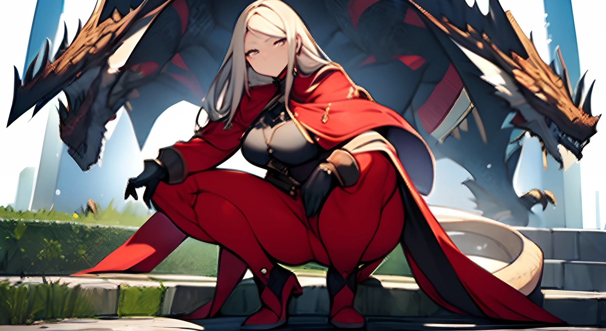 Mature woman, squatting with one knee touching ground, looking at the viewer, medieval high society woman, two dragons in background, like an action pose, masterpiece, best quality, highres