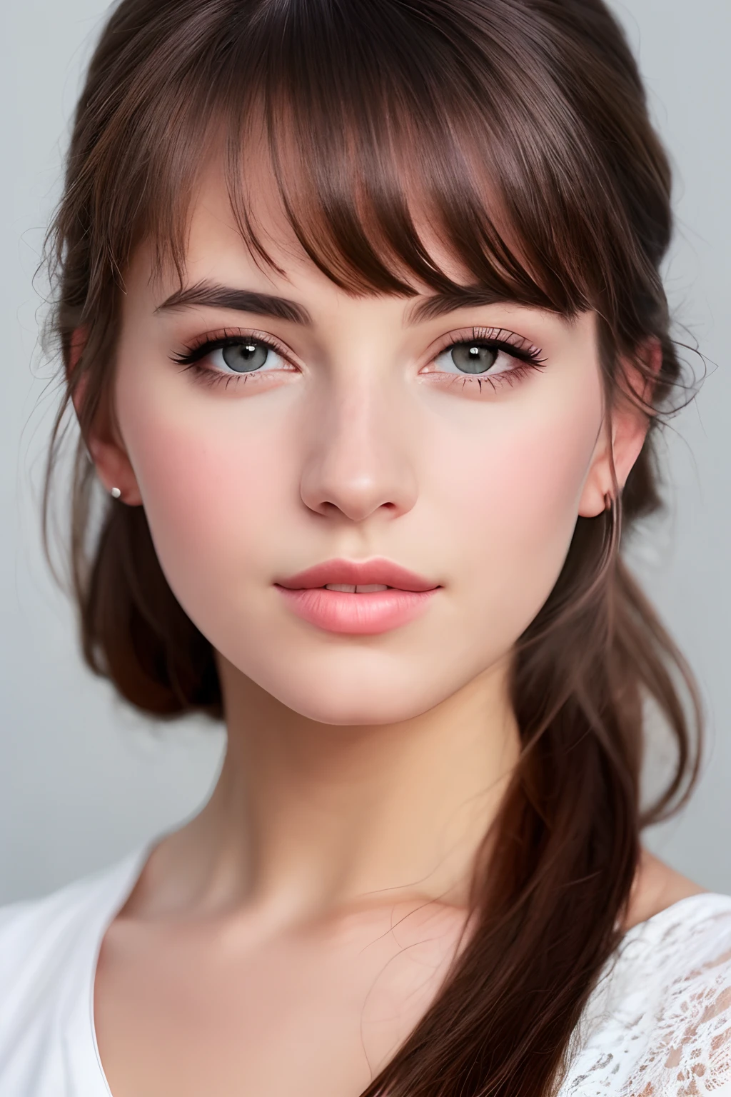 color photograph, close-up, ((a realistic photo of a beautiful girl)), (milalc), light, ((glowy skin)), looking_at_viewer, (fit body:1.0), ((medium breasts)), high ponytail, detailed illustration, masterpiece, high quality, realistic, very detailed face,