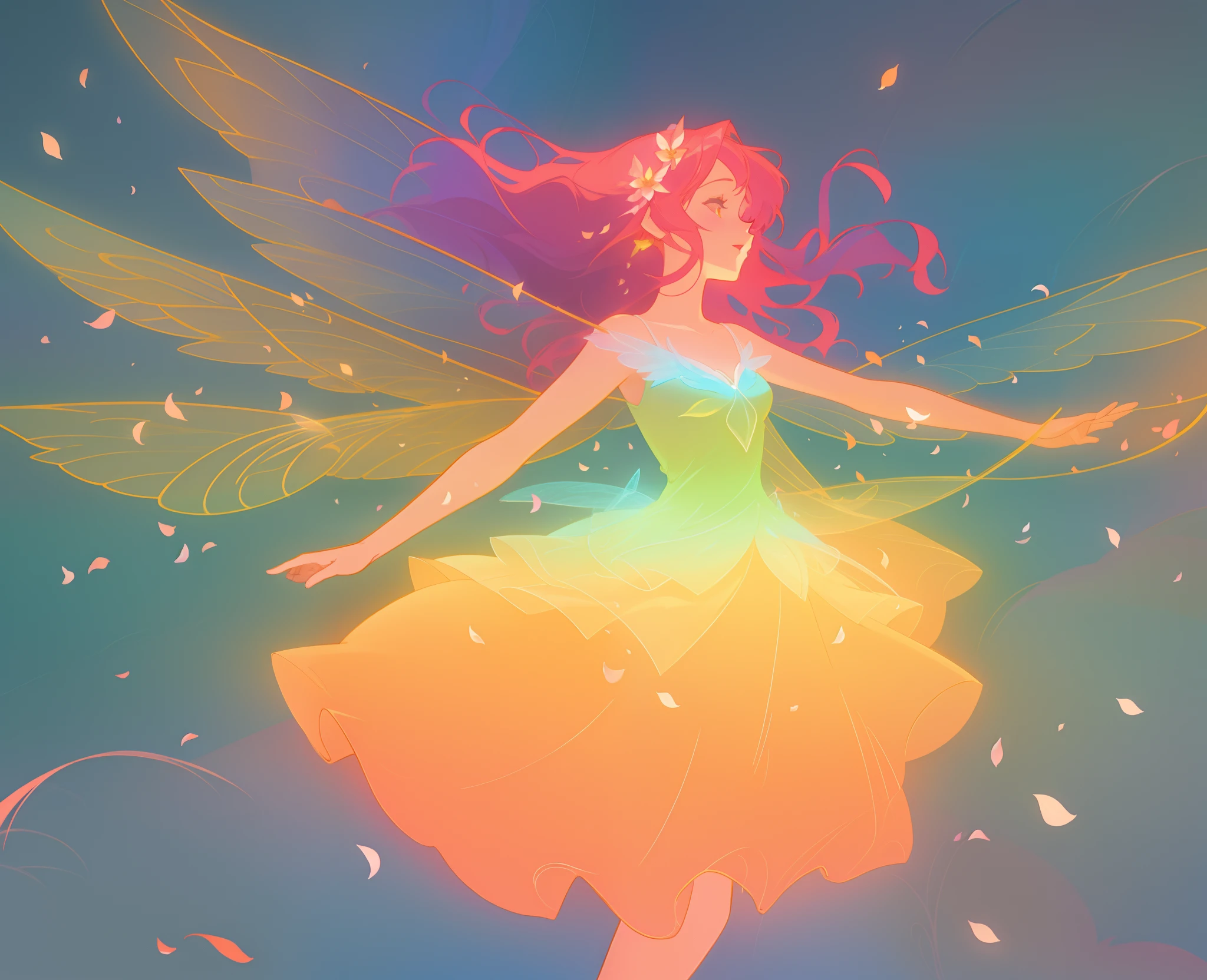 beautiful girl in tiered gradient ballgown dress, gradient warm color ballgown, ((layered flower petal skirt)), fairy dress, fairy queen, magical forest background, (glowing fairy wings), glowing flowing ballgown, long wavy hair, sparkling fairy wings, watercolor illustration, flowers and colorful plants, inspired by Glen Keane, inspired by Lois van Baarle, disney art style, by Lois van Baarle, glowing aura around her, by Glen Keane, jen bartel, glowing lights! digital painting, flowing glowing hair, glowing flowing hair, beautiful digital illustration, fantasia otherworldly landscape plants flowers, beautiful, masterpiece, best quality, anime disney style