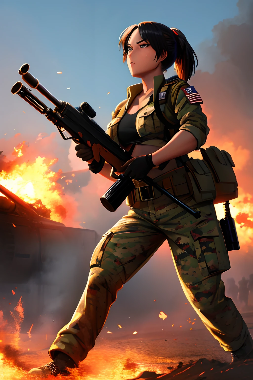 Full body, 24 year old, Filipino Woman, tanned bronze skin, wearing marine corps uniform, fighting on the battlefield, strong muscles, world war, modern war theme, military girl, rifle, (holding a rifle: 1.3), (aiming and holding rifle: 1.3), soldier girl, infantry girl, shootout, air raid, air strike, military, camouflage uniform, burning vehicle, warzone, battlefield, war, ruins, explosion, burning city, smoke, torn tank top, belly button, gloves, torn military pants, small, cleavage, expression of determination, rigorous expression, highest quality, ultra-high resolution, absurdity, realistic, physically based rendering, cinematic lighting, complex and cinematic appearance, cinematic soft light, soothing tone, battlefield background, urban war background, photorealistic, cowboy shot, dynamic angle, Beautiful digital artwork, Anime style