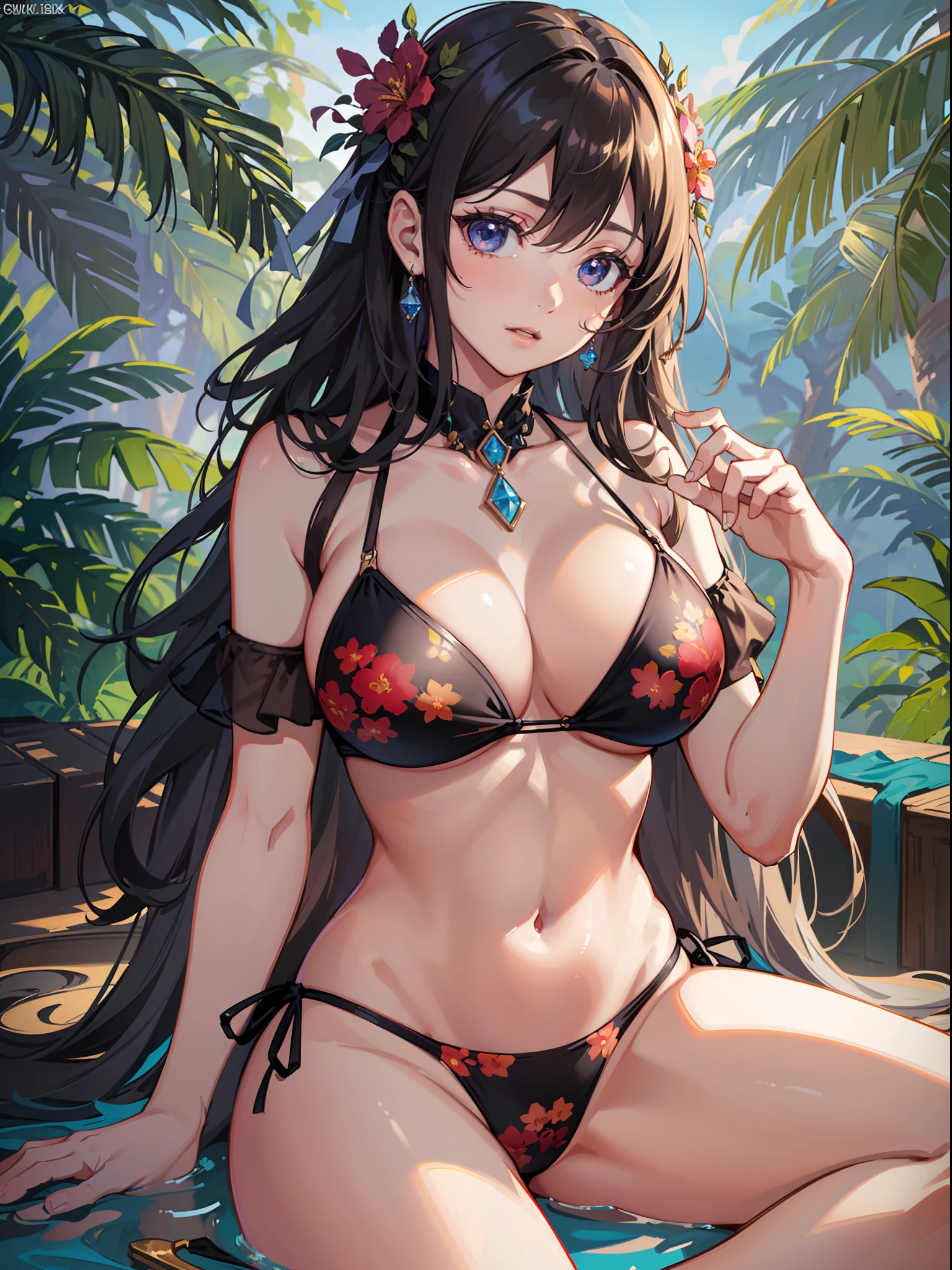 (Highly detailed CG Unity 8k wallpaper, masterpiece, top quality) (Perfectly proportioned hands with one thumb and four fingers) ((Adult woman in her early 20s wearing a revealing floral bikini)) Cleavage Beautiful face (long wavy hair) Beautiful legs Underboob Precisely descriptive eyes Chest-protruding pose