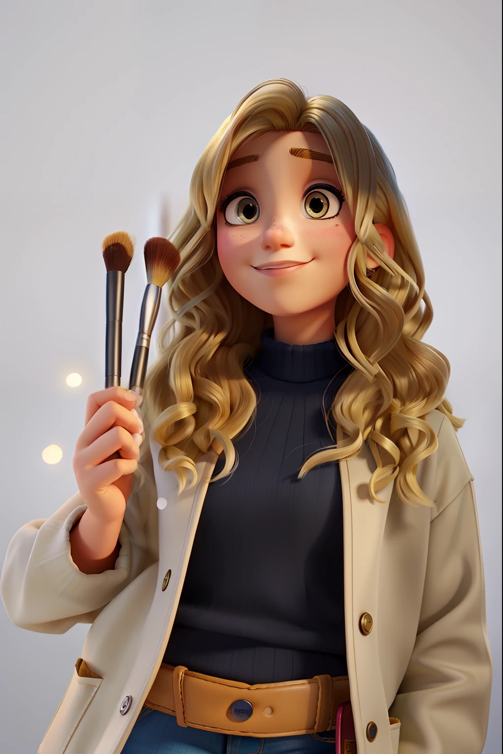 20-year-old girl, with makeup materials in hand, hair with blonde tips, Disney Pixar style