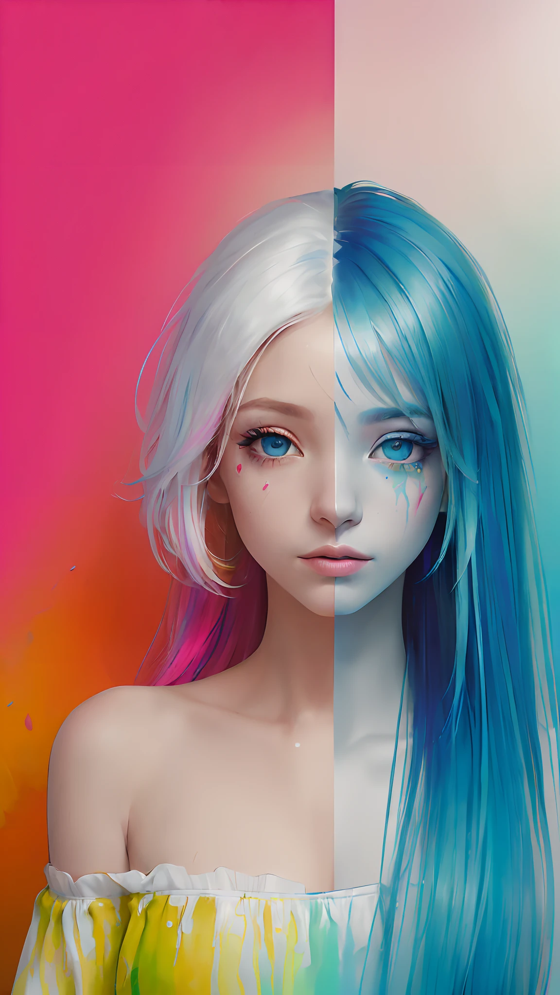 (Pink Fashion T-shirt:1.9),(Colorful hair: 1.8), (all the colours of the rainbow: 1.8),(((((vertical painting:1.6))), (painting:1.6),front, comics, illustrations, paintings, large eyes, crystal clear eyes,( rainbow color gradient high ponytail:1.7), exquisite makeup, closed mouth,(Small Fresh: 1.5),(Wipe Chest: 1.6) ,long eyelashes, white off shoulder T-shirt, White Shoulder Shirt,looking at the audience, large watery eyes, (rainbow colored hair:1.6), color splash, (solo:1.8), color splash, color explosion, thick paint style, messy lines, ((shining)),(colorful), (colorful), (colorful), colorful, Thick Paint Style, (Splash) (Color Splash), Vertical Painting, Upper Body, Paint Splash, Acrylic Pigment, Gradient, Paint, Highest Image Quality, Highest Quality, Masterpiece, Solo, Depth of Field, Face Paint, colorful clothes, (Elegant: 1.2), gorgeous,long hair, wind, (Elegant: 1.3), (Petals: 1.4),(((masterpiece))),(((best quality))),((ultra-detailed)),(illustration),(dynamic angle),((floating)),(paint),((disheveled hair)),(solo),(1girl) , (((detailed anima face))),((beautiful detailed face)),collar,bare shoulders,white hair, ((colorful hair)),((streaked hair)),beautiful detailed eyes,(Gradient color eyes),(((colorful eyes))),(((colorful background))),(((high saturation))),(((surrounded by colorful splashes))),