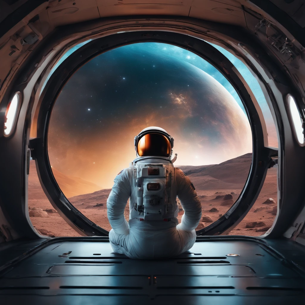 astronaut alone, sad, sitting, with beautiful space background