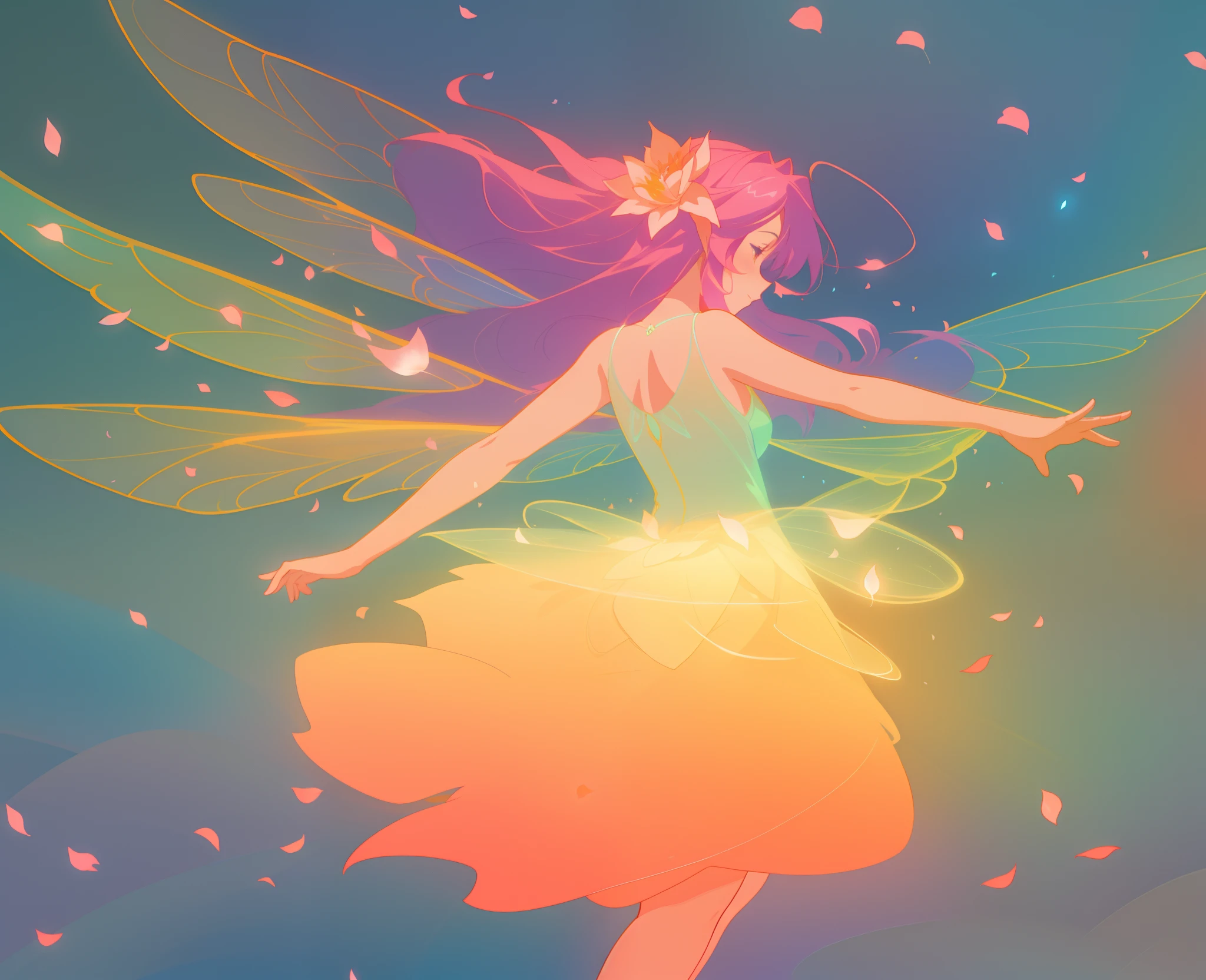 beautiful girl in tiered gradient ballgown dress, gradient warm color ballgown, ((layered flower petal skirt)), fairy dress, fairy queen, magical forest background, (glowing fairy wings), glowing flowing ballgown, long wavy hair, sparkling fairy wings, watercolor illustration, flowers and colorful plants, inspired by Glen Keane, inspired by Lois van Baarle, disney art style, by Lois van Baarle, glowing aura around her, by Glen Keane, jen bartel, glowing lights! digital painting, flowing glowing hair, glowing flowing hair, beautiful digital illustration, fantasia otherworldly landscape plants flowers, beautiful, masterpiece, best quality, anime disney style