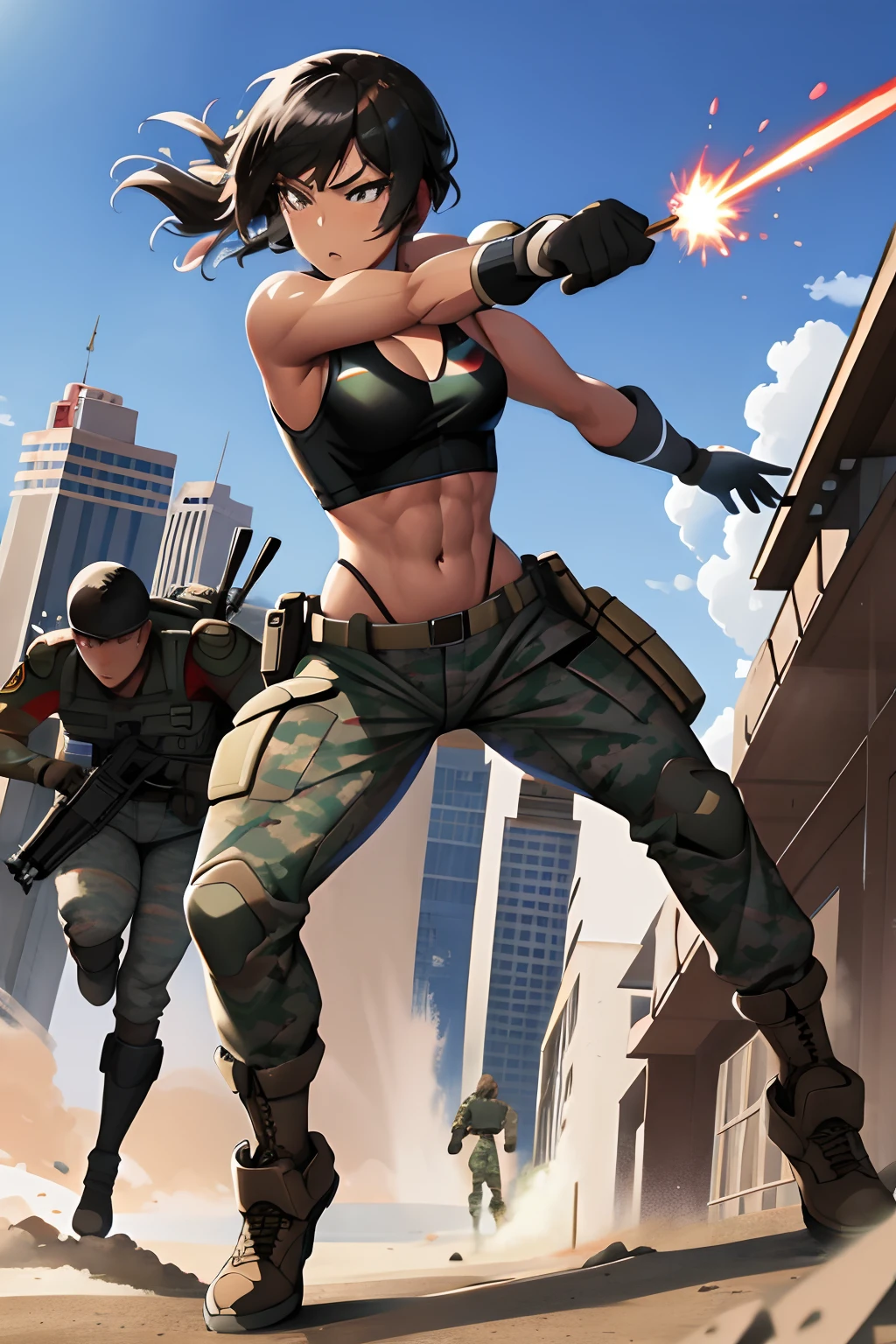 Full body, 24 year old, Filipino Woman, tan skin, short black hair, wearing marine corps uniform, athletic physique, strong muscles, military girl, soldier girl, infantry girl, camouflage uniform, torn tank top, belly button, gloves, torn military pants, small, cleavage, expression of determination, attack action, face close-up, action with impact, fighting on the battlefield, full body, perspective composition, exaggerated composition, perfect composition, perfect eyes, large perspective, dynamic composition, background is ruined city