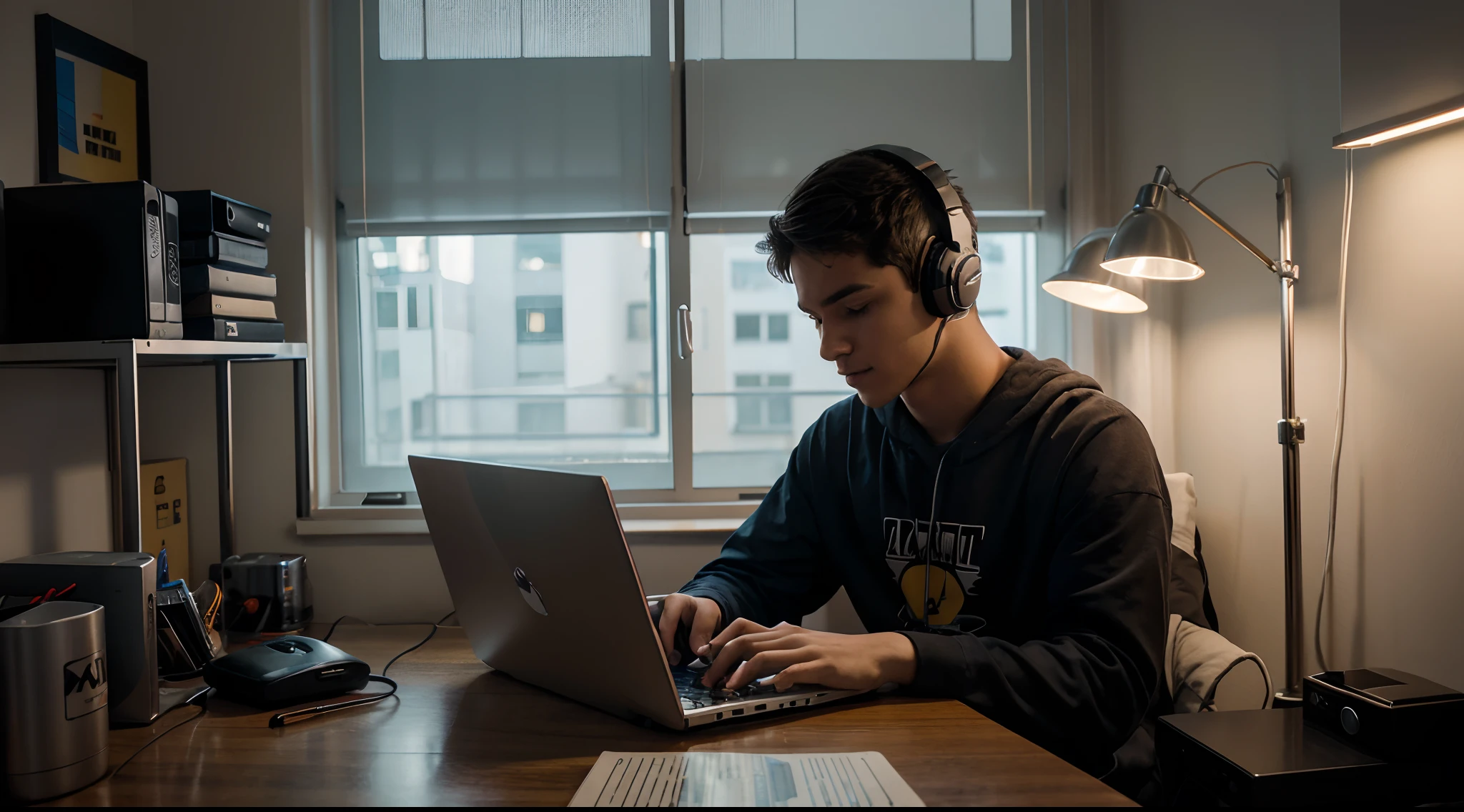 There's a -yeld maith headphones in his room with nerdy decorations, who is typing on a laptop computer, estudando uma mesa, em cima da mesa livros e bloco de notas, quarto de apartamento, uma janela de apartamento com vista para cidade de nova York, Night with building lights on, Reassuring Senário, estilo pixar, View Notebooks, cena noturna, noite escura chuva sobre vidro, rainy scenery, Cozy lighting and shading, Office desk with a laptop inside the bedroom, um homem estudando.