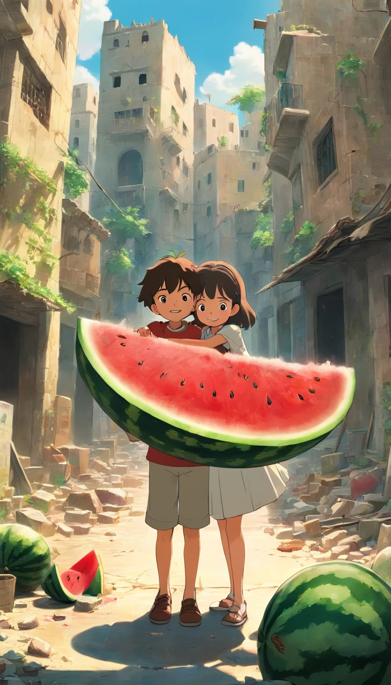destroyed abandoned city in palestine, with kids hug watermelon