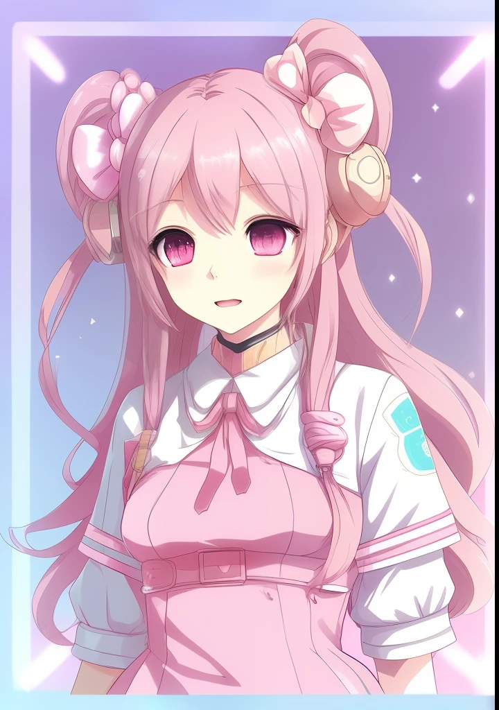 vocaloid themed girl, loli/??? body, cutesy but scary theme, candy mic in hand,anime, pastel color palette, soft lighting,soft pink