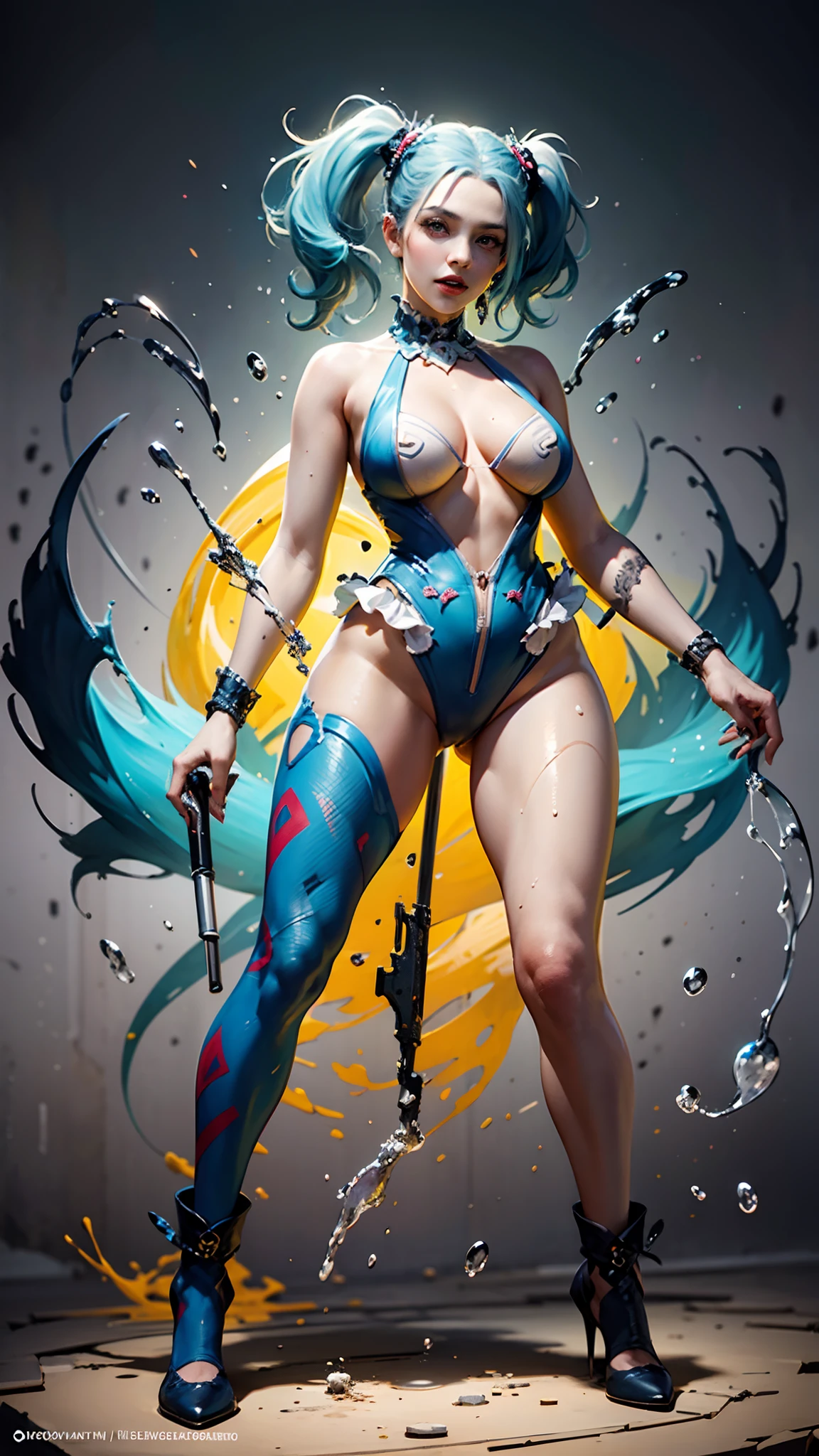 Splash art, demonic Harley Quinn, full figure, athletic full body, splash style of bright color paint, contour, hyperdetailed intricately detailed , unreal engine, fantastical, intricate detail, splash screen, complementary colors, fantasy concept art, 8k resolution, deviantart masterpiece, oil painting, heavy strokes, paint dripping, splash art, realistic, highly detailed --auto --s2