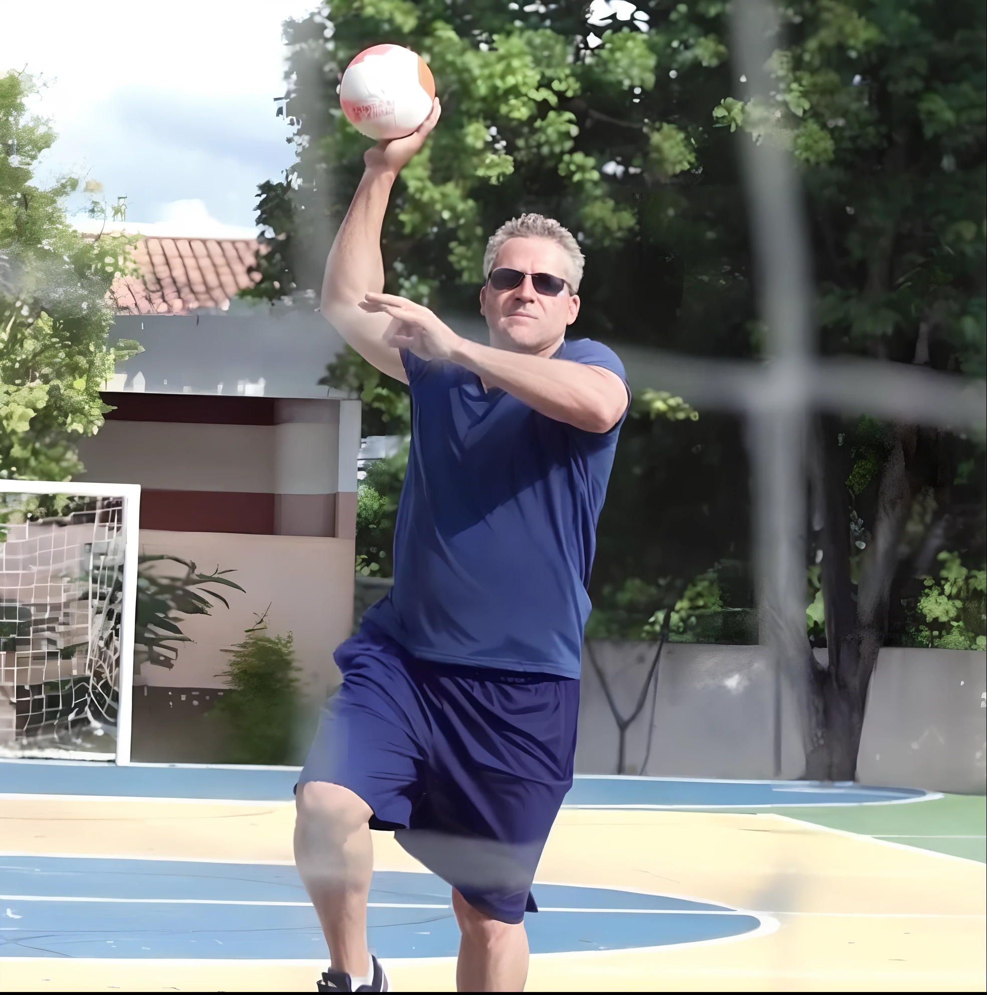 There's a man throwing a ball on a court with a net, Karch Kiraly, Carmelo Blandino, edu souza, mid action swing, jogar basquetebol, dynamic action shot, tiro voador, andrea rocha, Gary Giz, Motivacional, caio santos, david rios ferreira, in an action pose, foto de perfil, Miguel Anjo, joe alves