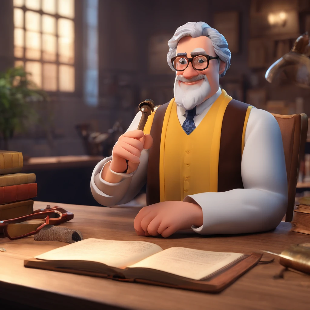 Crie um cartaz inspirado na Disney Pixar com o personagem sendo o pastor Rubens Janier, A gray-haired man wearing glasses, in an office with a Bible on the table
