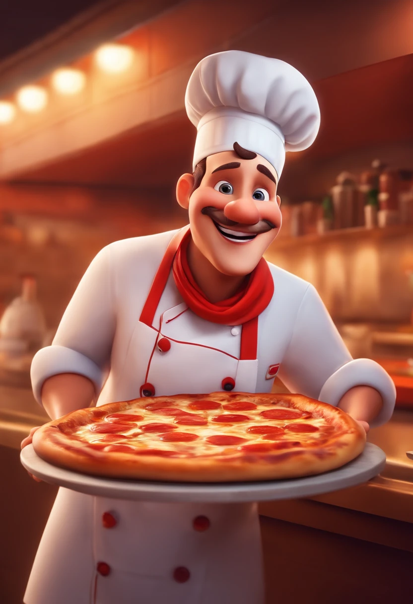 character inspired by disney pixar of a pizza chef with a white cap, chef's shirt, is smiling, holding a pizza in his hand inside a restaurant