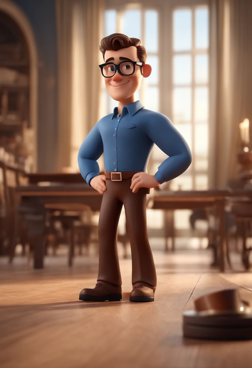 Cartoon character of a man with black glasses and a blue shirt, animation character, Caractere estilizado, animation style rendering, 3D estilizado, Arnold Maya render, 3 d render stylized, toon render keyshot, Personagem 3D, Personagem 3D, 3d rendering stylized, 3 d character render, personagem de desenho animado, Personagem de close up, Pose de personagem,  (Estilo Pixar) (master part:1.2) (Bokeh) (best quality) (pele detalhada) (textura detalhada) (8k) (argila) (Cinematic lighting) (foco nítido