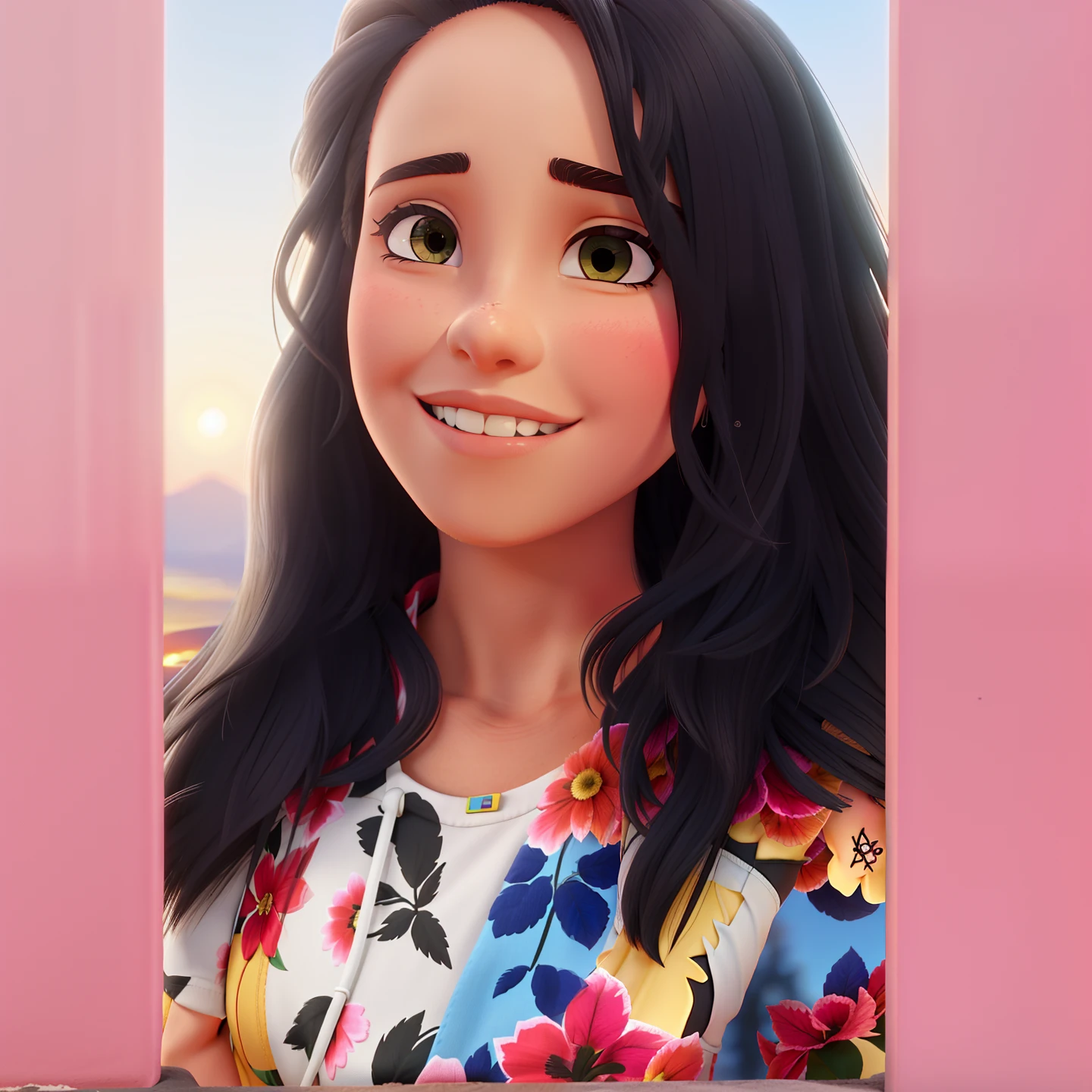 Mulher brasileira, cabelo castanho claro. Na frente, por do sol ao fundo