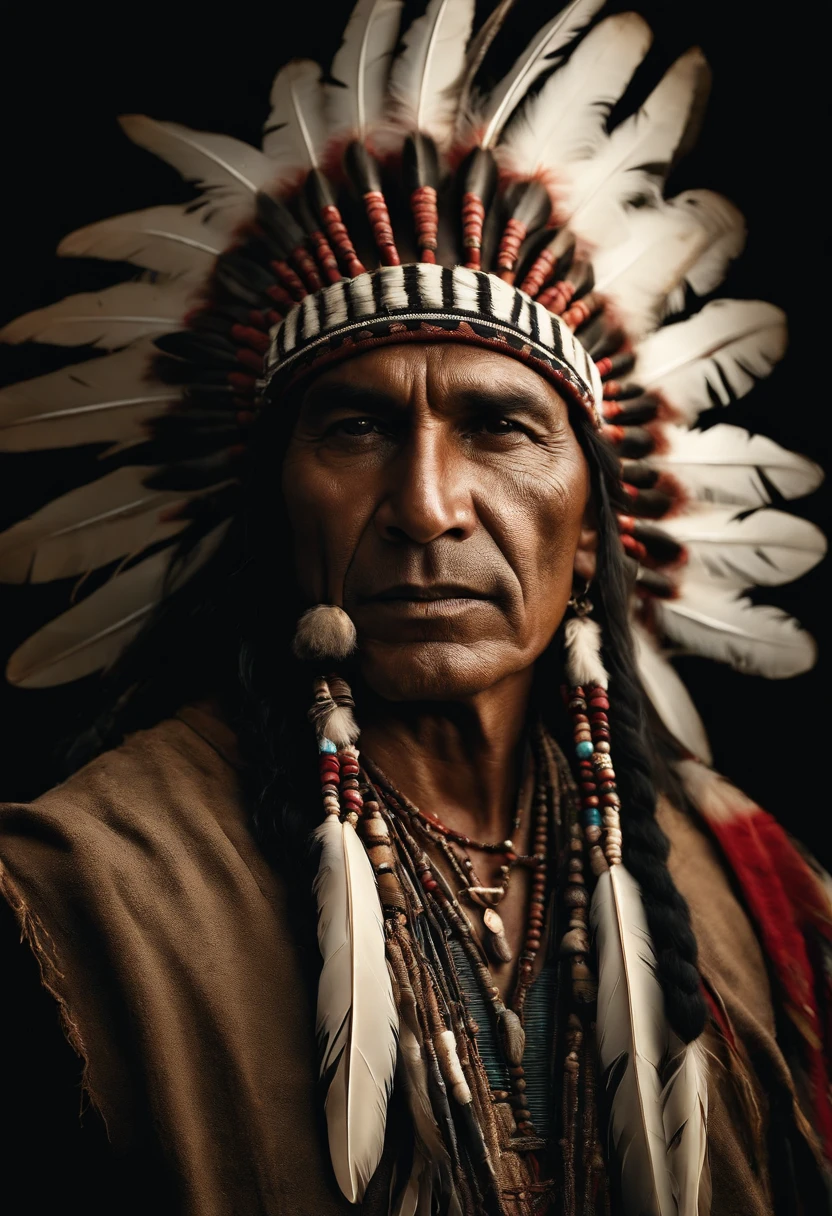A hyperrealistic cinematic image of a native Indian with feathers on his head, riding horse, Arte nativa americana, Indian warrior, Nativo americano, Guerreiro nativo americano, Arte nativa, Um guerreiro nativo americano, indigenous man, eagle feather, Guerreiro habilidoso do Apache, warrior spirit, american indian headdress, indigenous art: native american shamen fantasy, Indigenous, native american folk art, Fotografia de arte indianarrealista, fotografia, obra-prima, realista, Realismo, renderizado, Alto contraste, digital art photography trend in Artstation 8k HD high definition detailed realistic, detalhado, textura da pele, hiper detalhado, textura de pele realista, armadura, melhor qualidade, ultra-high-resolution (fotografiarrealista: 1.4), alta resolução, detalhado, Calado bruto, sharp red, por lee jeffries Nikon D850 Filme Fotografia de Stock 4 Kodak Portra 400 Lente F1.6 Rich Colors Realistic Texture Dramatic Texture Dramatic Lighting Irrealengine Trend on Artstation Cinestill 800