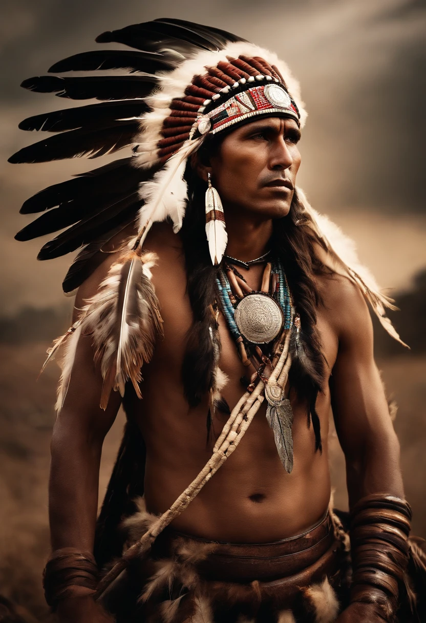 Surreal cinematic image of native India with feathers on his head, native american art, indian warrior, Native American, native american warrior, Local art, native american warrior, Indigenous men, Eagle feathers, Skilled Apache warriors, warrior's spirit, american indian headdress, indigenous art, : Native American Shameon Fantasy, aboriginal, Native American folk art, Indian Realist Art Photography, photography of, tmasterpiece, realisticlying, hentail realism, rendering, hight contrast, Digital Art Photography Art Station 8K HD HD Details Realistic Trend, A detailed, skin texture, ultra - detailed, realistic skin textures, armure, best qualityer, 超A high resolution, (Photographer: 1.4), A high resolution, A detailed, Total draft, Sharp Re, author:Lee Jeffries Nikon D850 Film Stock Photography 4 Kodaport 400 F1 Lens.6 Rich colors Realistic textures Dramatic textures Dramatic lighting Unrealistic engines Art Station Trends Movie stills 800