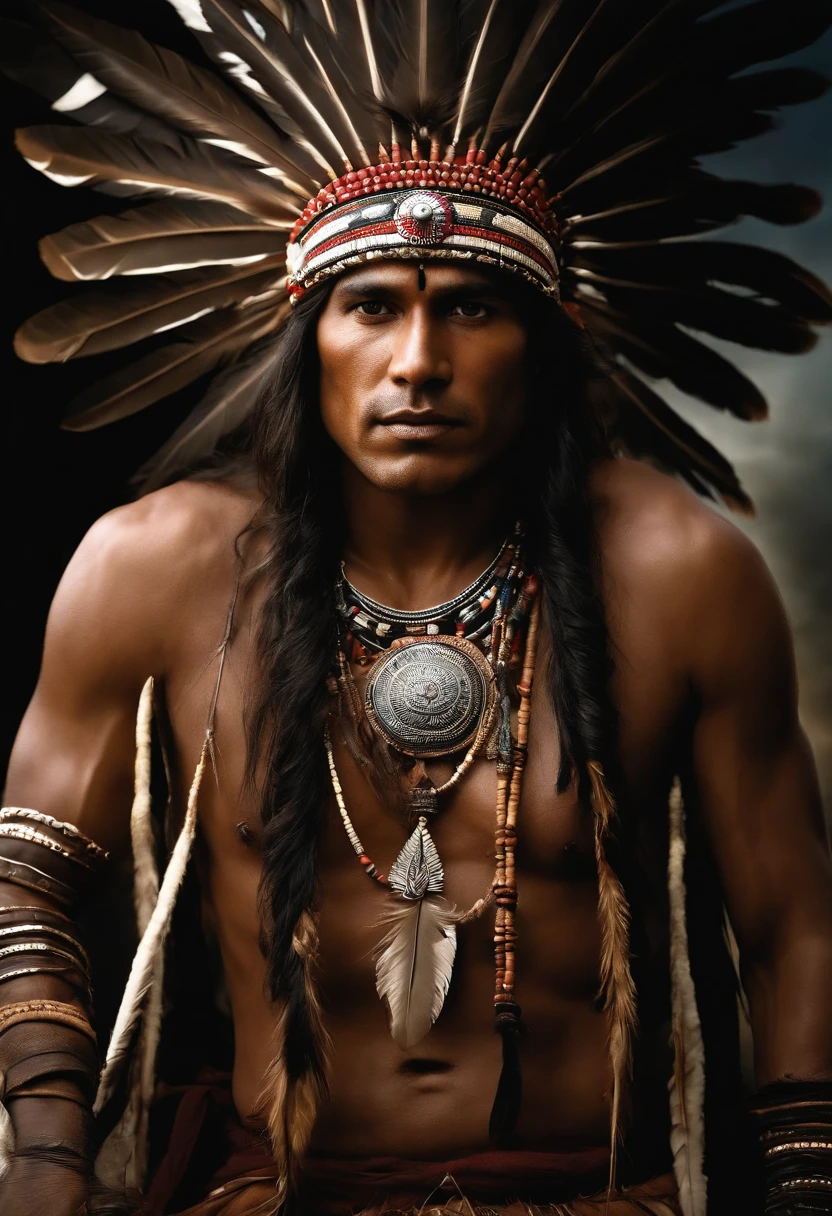 Surreal cinematic image of native India with feathers on his head, native american art, indian warrior, Native American, native american warrior, Local art, native american warrior, Indigenous men, Eagle feathers, Skilled Apache warriors, warrior's spirit, american indian headdress, indigenous art, : Native American Shameon Fantasy, aboriginal, Native American folk art, Indian Realist Art Photography, photography of, tmasterpiece, realisticlying, hentail realism, rendering, hight contrast, Digital Art Photography Art Station 8K HD HD Details Realistic Trend, A detailed, skin texture, ultra - detailed, realistic skin textures, armure, best qualityer, 超A high resolution, (Photographer: 1.4), A high resolution, A detailed, Total draft, Sharp Re, author:Lee Jeffries Nikon D850 Film Stock Photography 4 Kodaport 400 F1 Lens.6 Rich colors Realistic textures Dramatic textures Dramatic lighting Unrealistic engines Art Station Trends Movie stills 800
