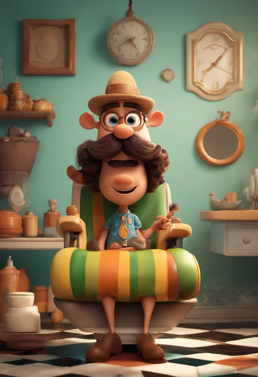 A Dream Barber Inspired by Pixar Animation, de perto. The character takes center stage with captivating facial expressions, oferecendo um toque de irrealidade, Cabelo curto e gordinho gradiente