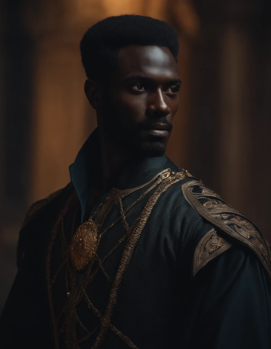 Dark-skinned man, Regard fort et expressif, arched eyebrows, Porter un haut-de-forme noir, Longs favoris, barbiche triangulaire, torse nu, tenant un trident, Ultra detailded, ultra realist, 8k