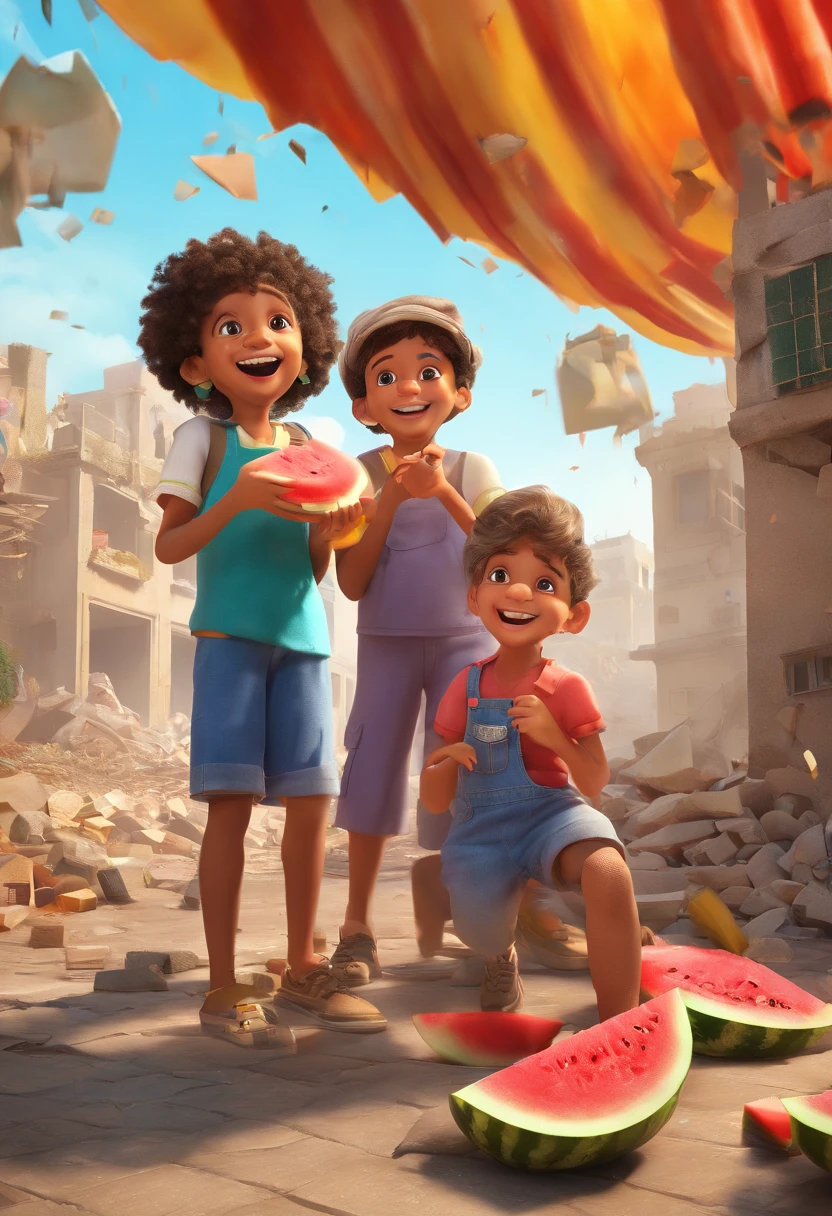 “A picture depicting children in the Middle East, laughing and joking together while enjoying slices of fresh watermelon. They appear cheerful, holding and eating the watermelon slices with their hands. In the background, there is the chaos of war, evident from the rubble of buildings and the smoke engulfing the sky. The children seem undisturbed by the situation, instead, they seem to be relishing the small moment amidst the crisis that has befallen their country.”