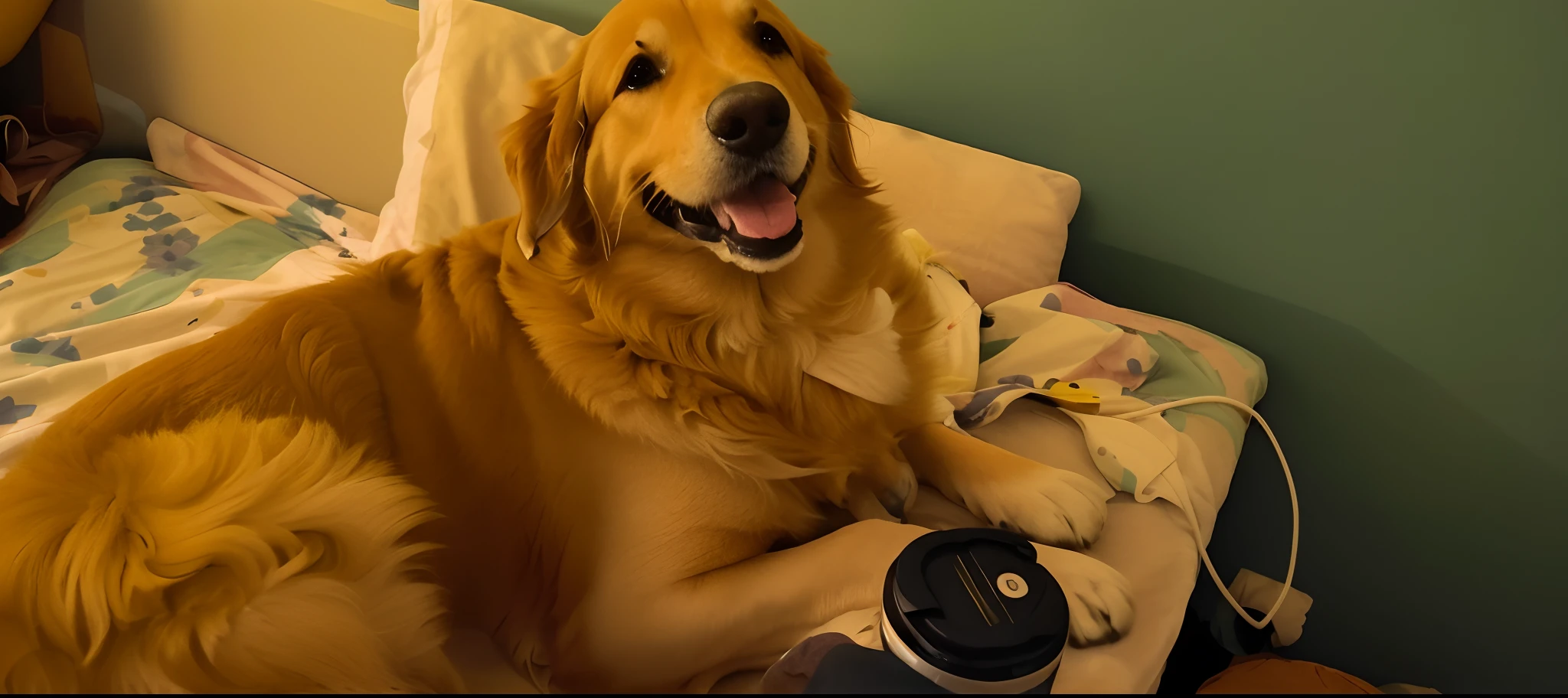 there is a dog that is laying down on a bed, happily smiling at the camera, feliz com a boca aberta, sorrindo timidamente, happy dog, with a happy expression, she is smiling and excited, he is very happy, Sorriso, ligeiramente dourado, sorriso alegre, Handsome, smiling at camera, grande sorriso, winking at the camera