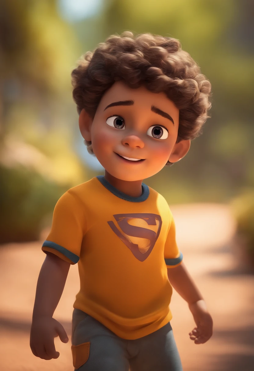 Image of a boy for a story in a YouTube video in Pixar format, He's the allabester, He's the class leader, He's outgoing, Playful and gets up for a lot of things, cabelo curto, tem olhos azuis e gosta de jogar futebol.